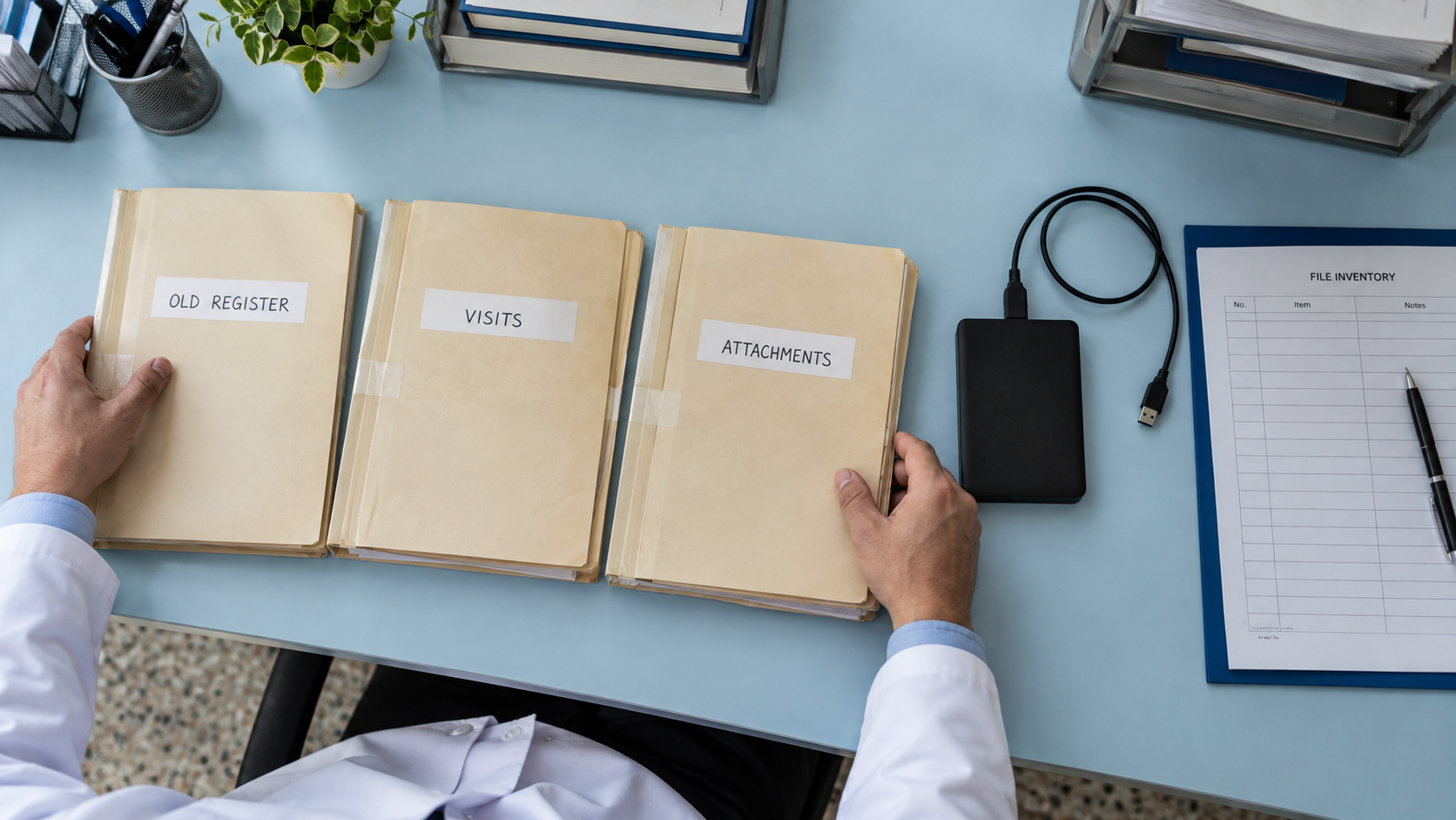 Fictional old register, visit and attachment folders with a storage device