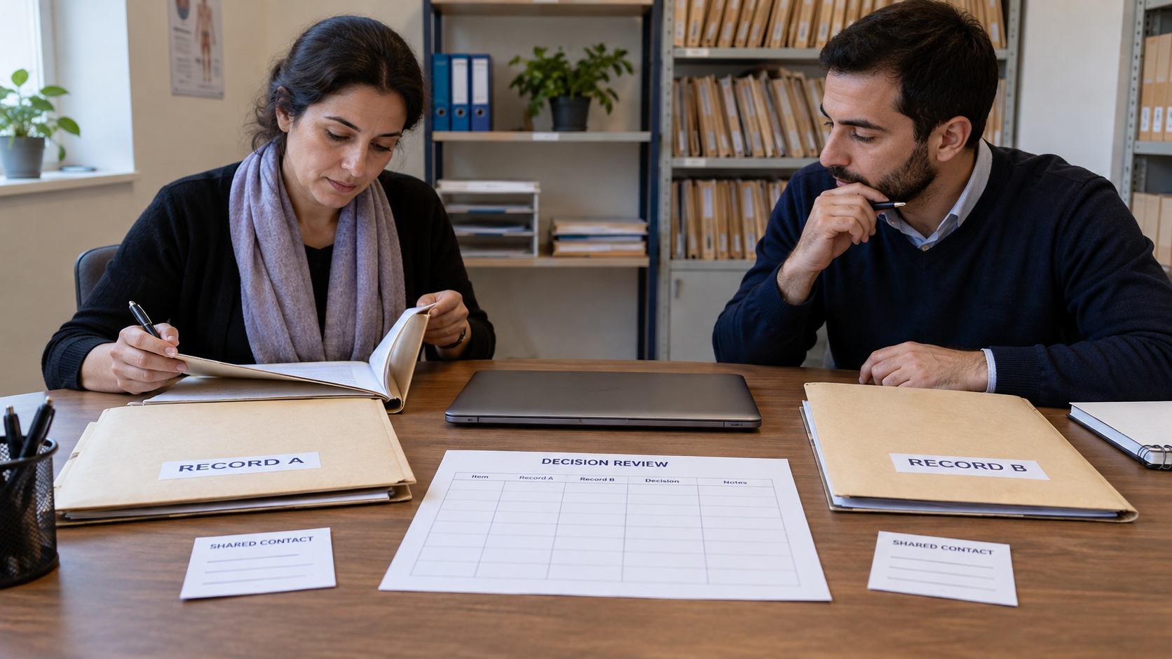 Two authorised reviewers examine fictional records sharing a contact
