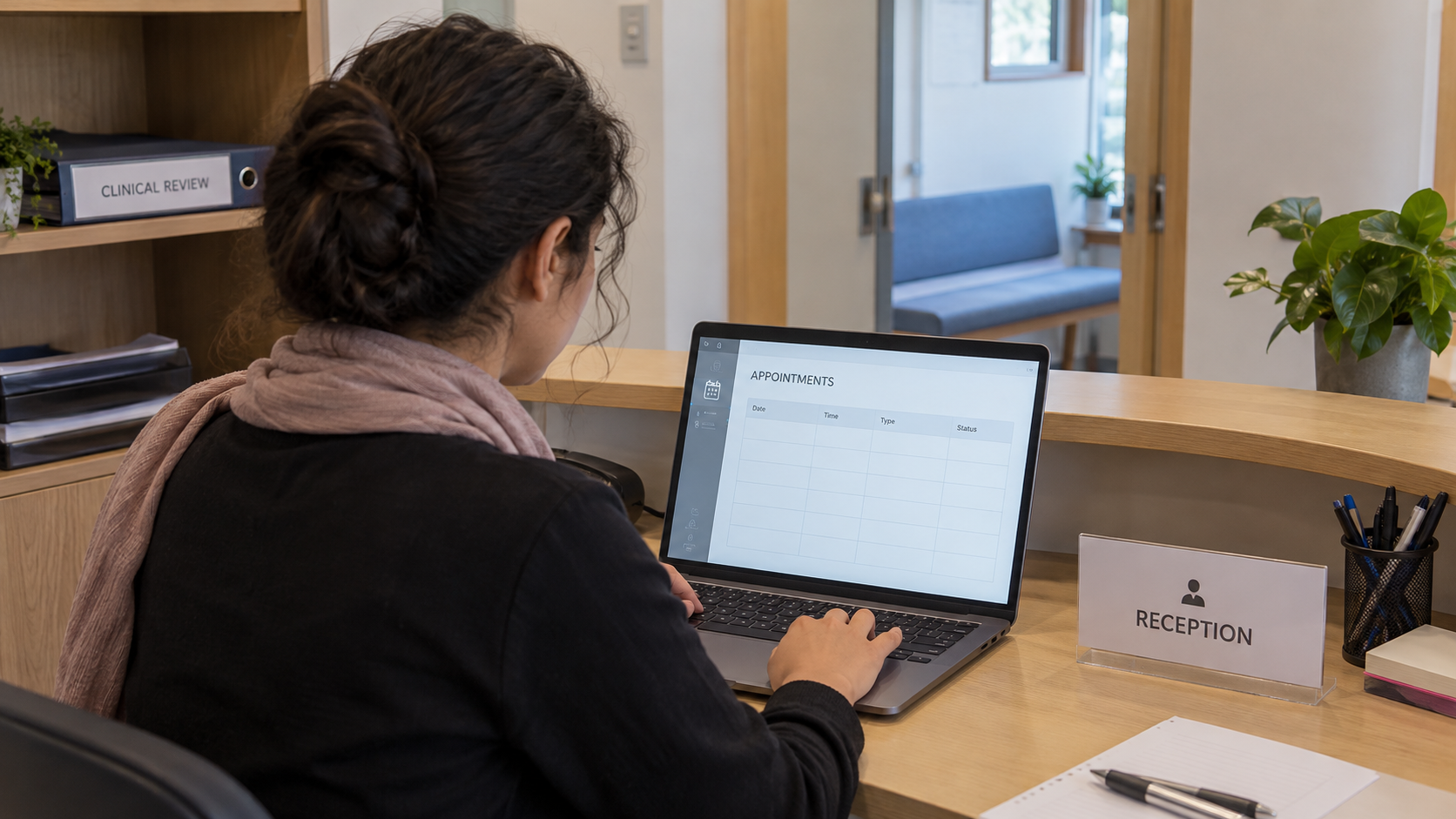 Illustrative reception-access trial using an empty appointment screen