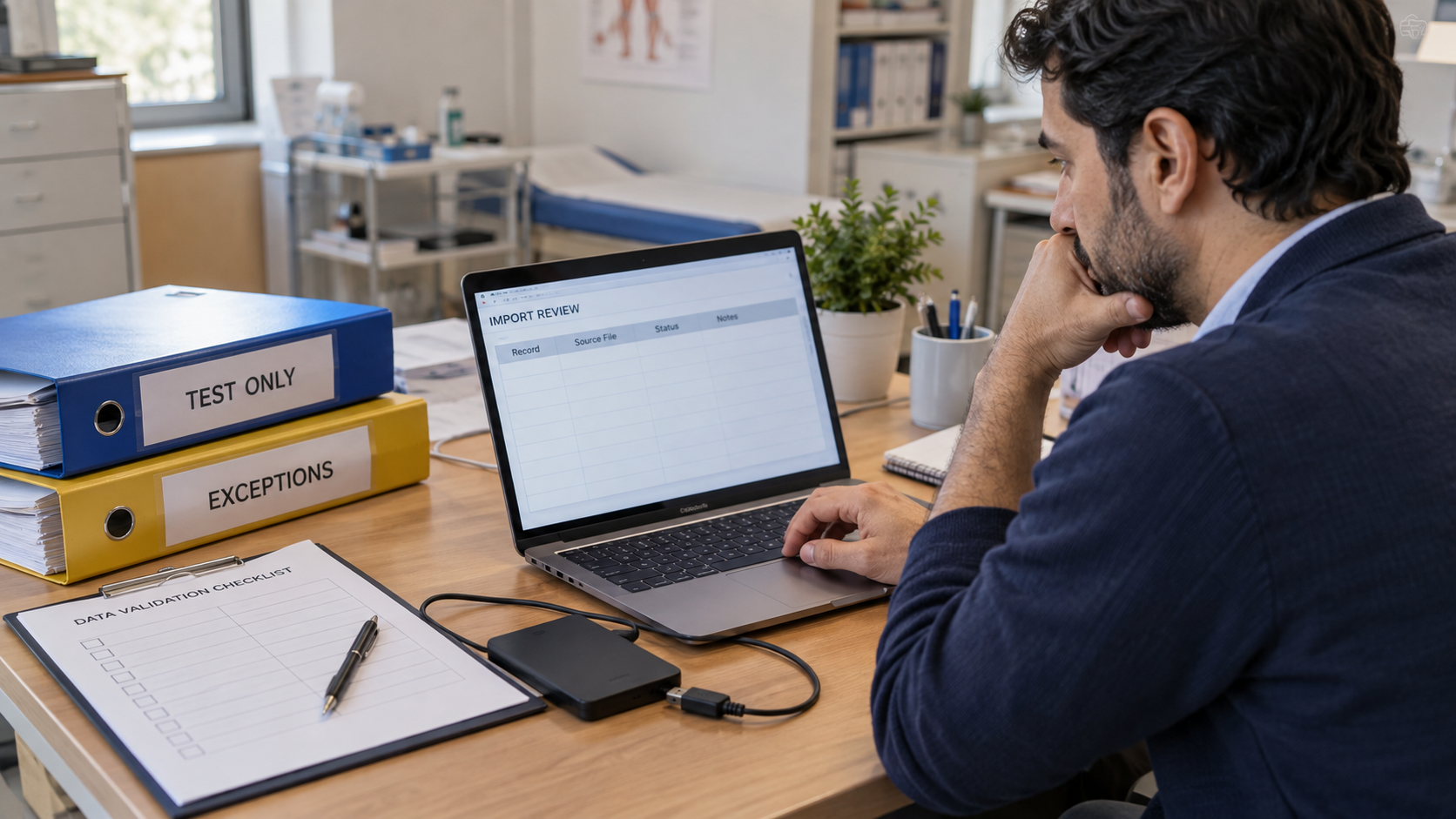 Engineer reviews a fictional import in a separate test environment