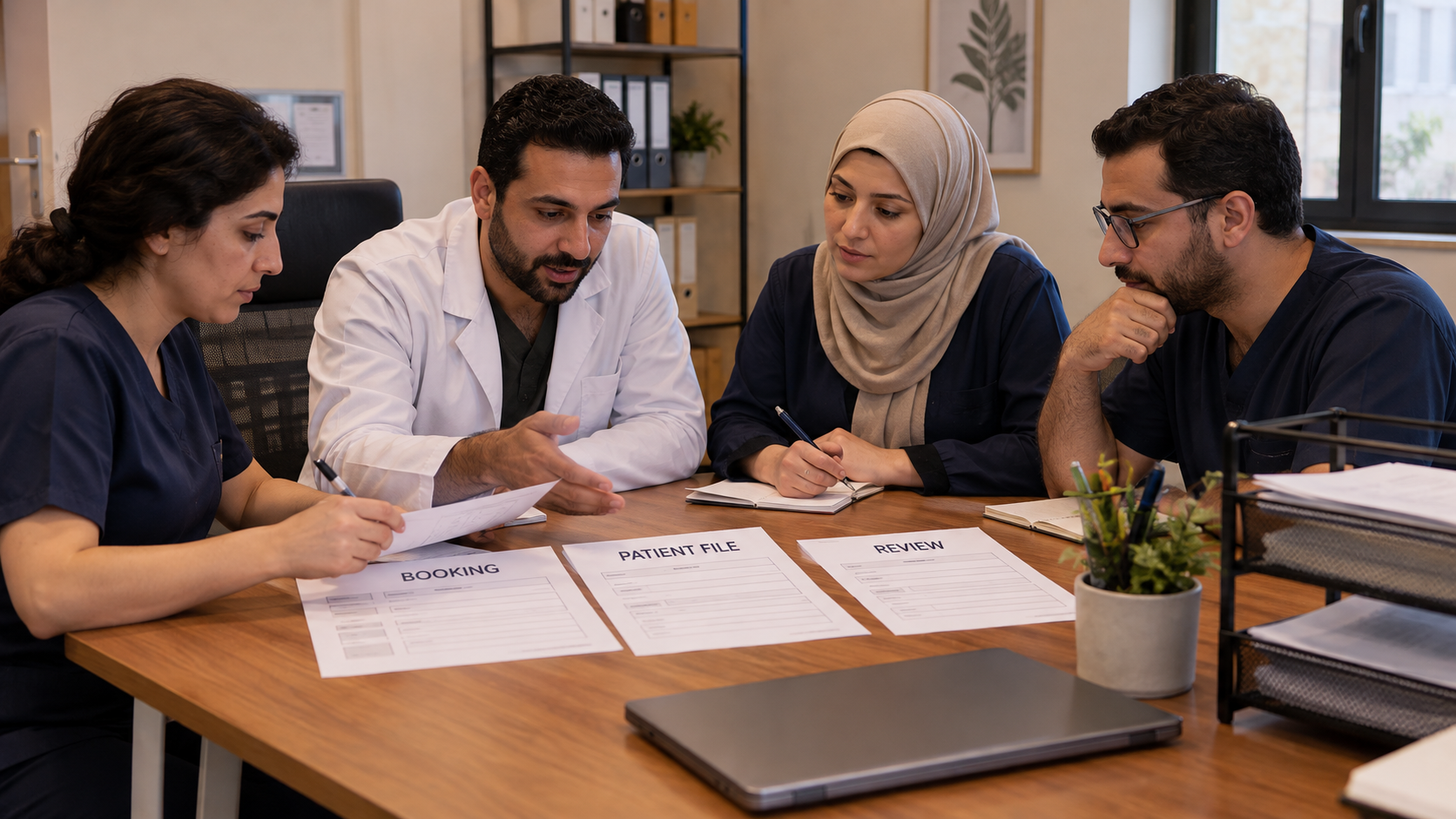 Fictional staff meeting reviews booking, patient files and review procedures
