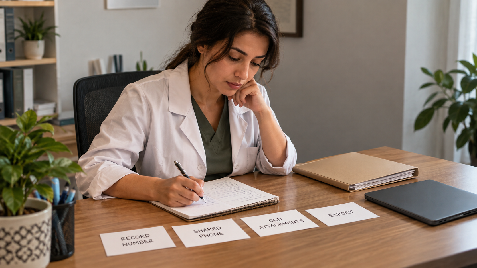 Clinic founder records questions about references, shared contacts, attachments and export