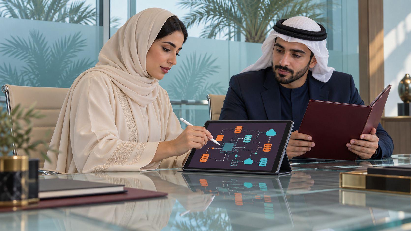 Generated Dubai administrators reviewing fictional data-flow boundaries for a healthcare workload