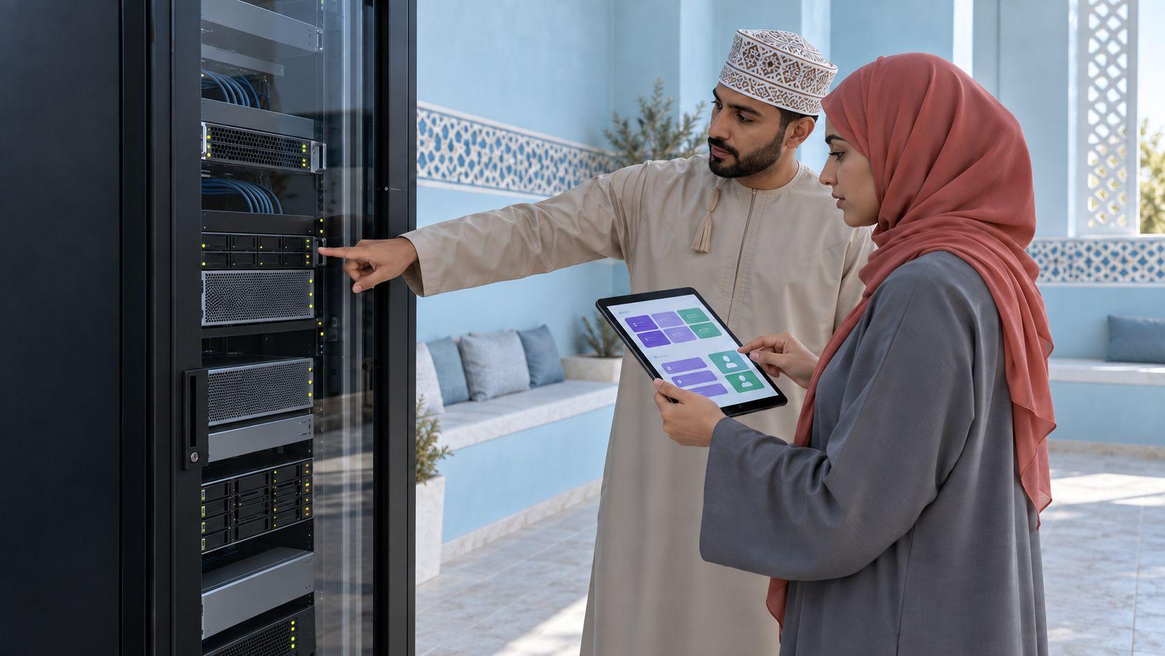 Generated Omani team in Muscat checking local hosting scope and account access beside unbranded equipment