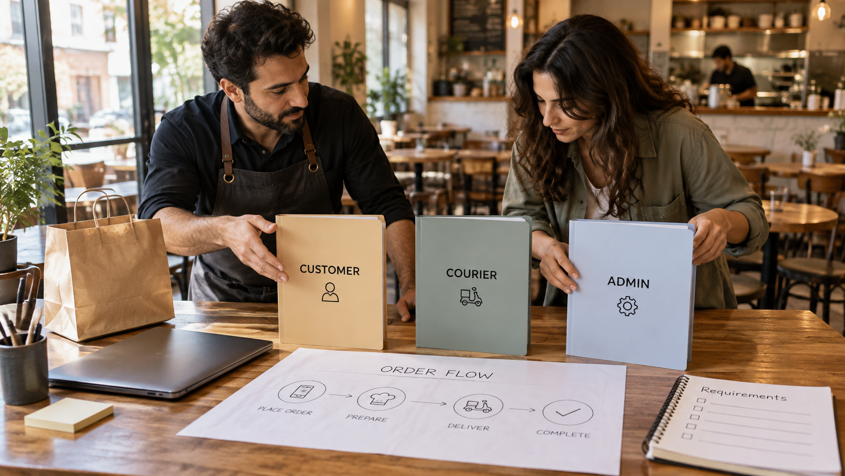 Reviewing customer, courier and administration roles in an order workflow