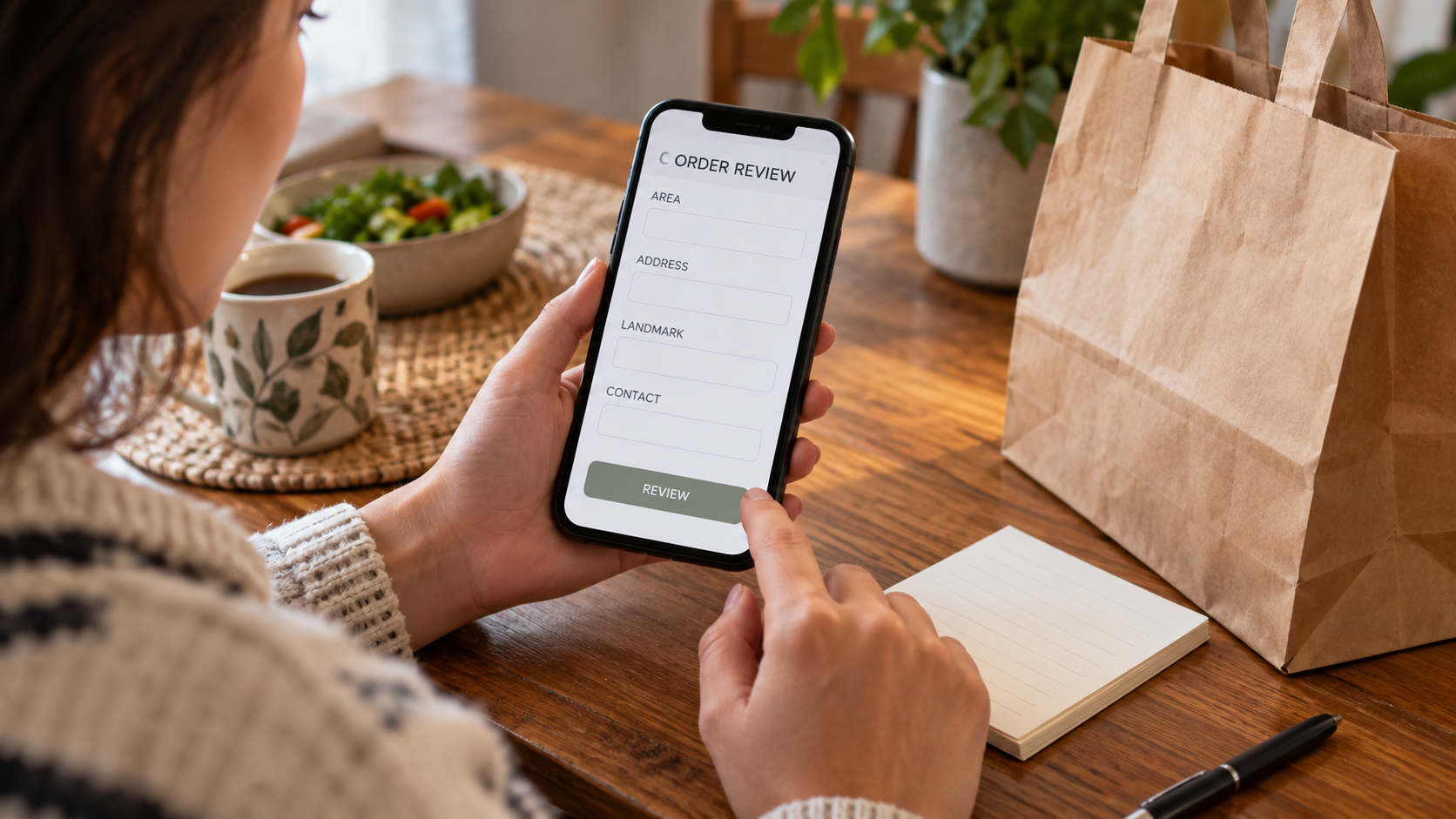 Reviewing an order, address and landmark in a fictional phone prototype