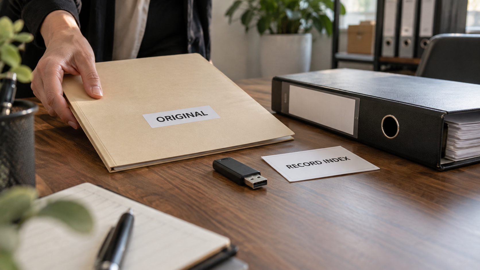 Paper original, storage device and a separate record index card