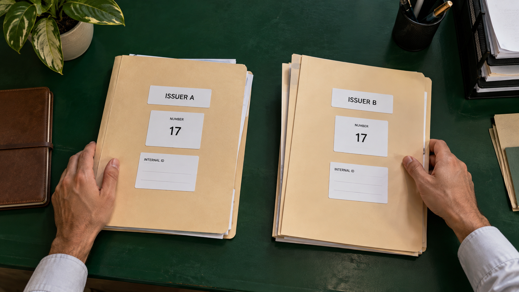 Fictional documents from two issuers both carry number 17