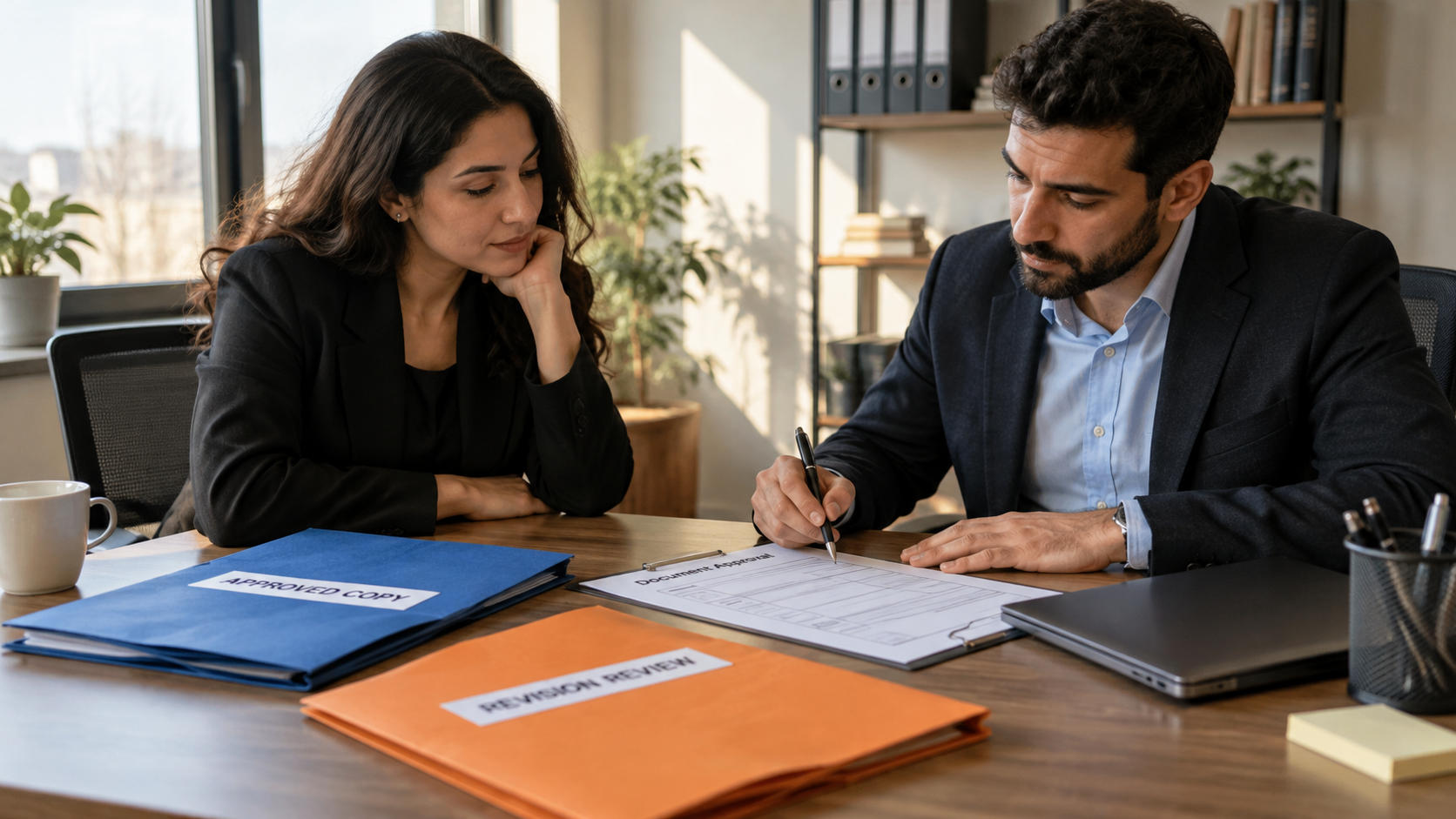 Two reviewers compare an approved copy with a revision awaiting review