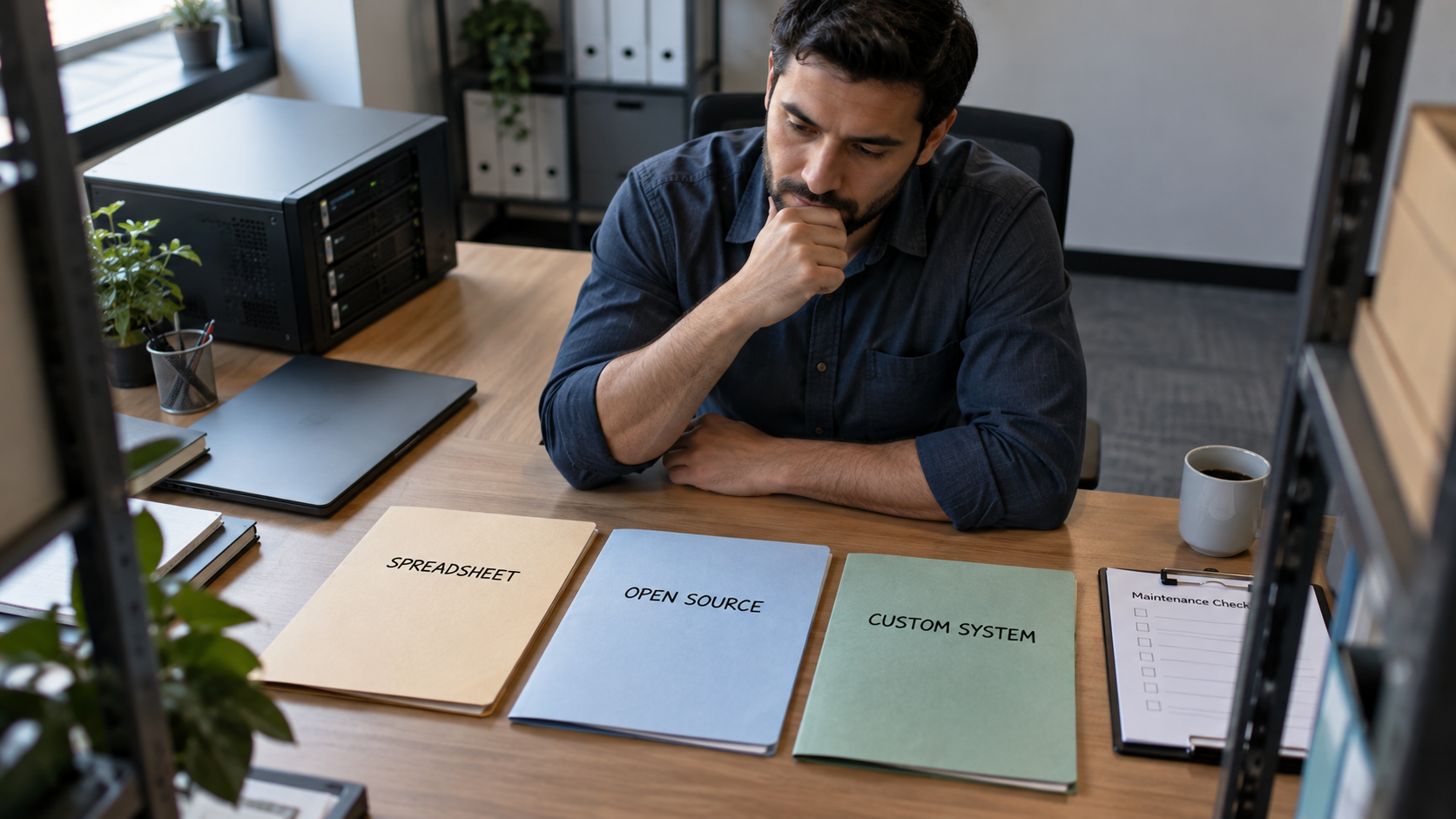 IT administrator considers a spreadsheet, open-source software and a custom system