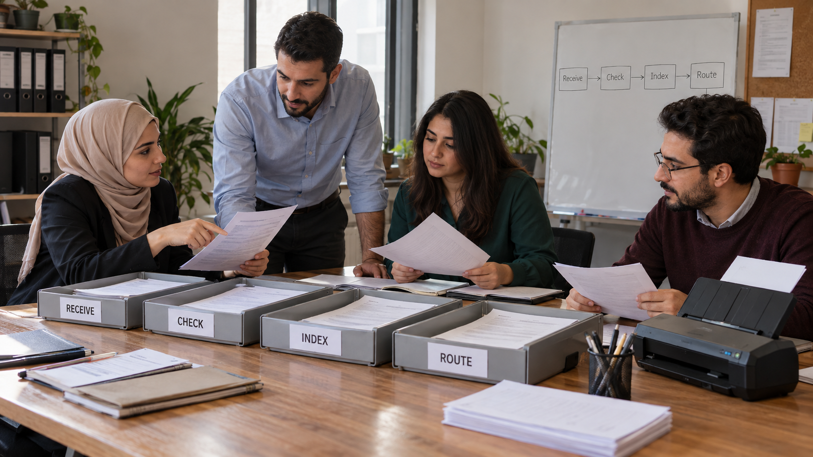Office staff plan document receipt, checking, indexing and routing