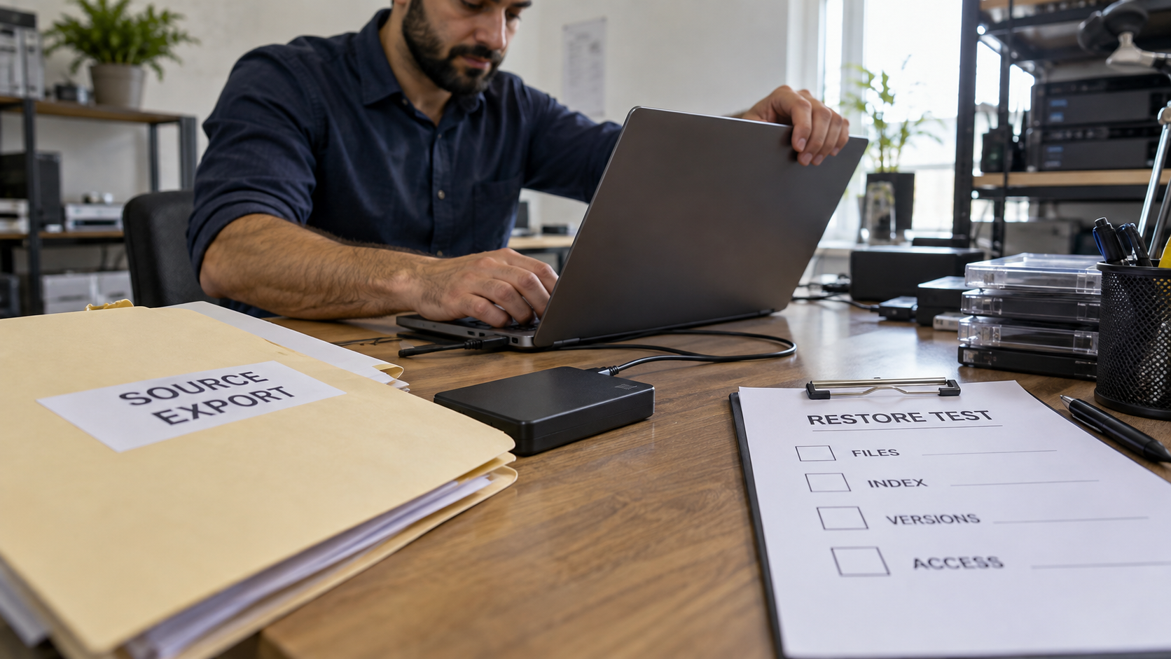 Engineer prepares a restore trial for files, index, versions and access