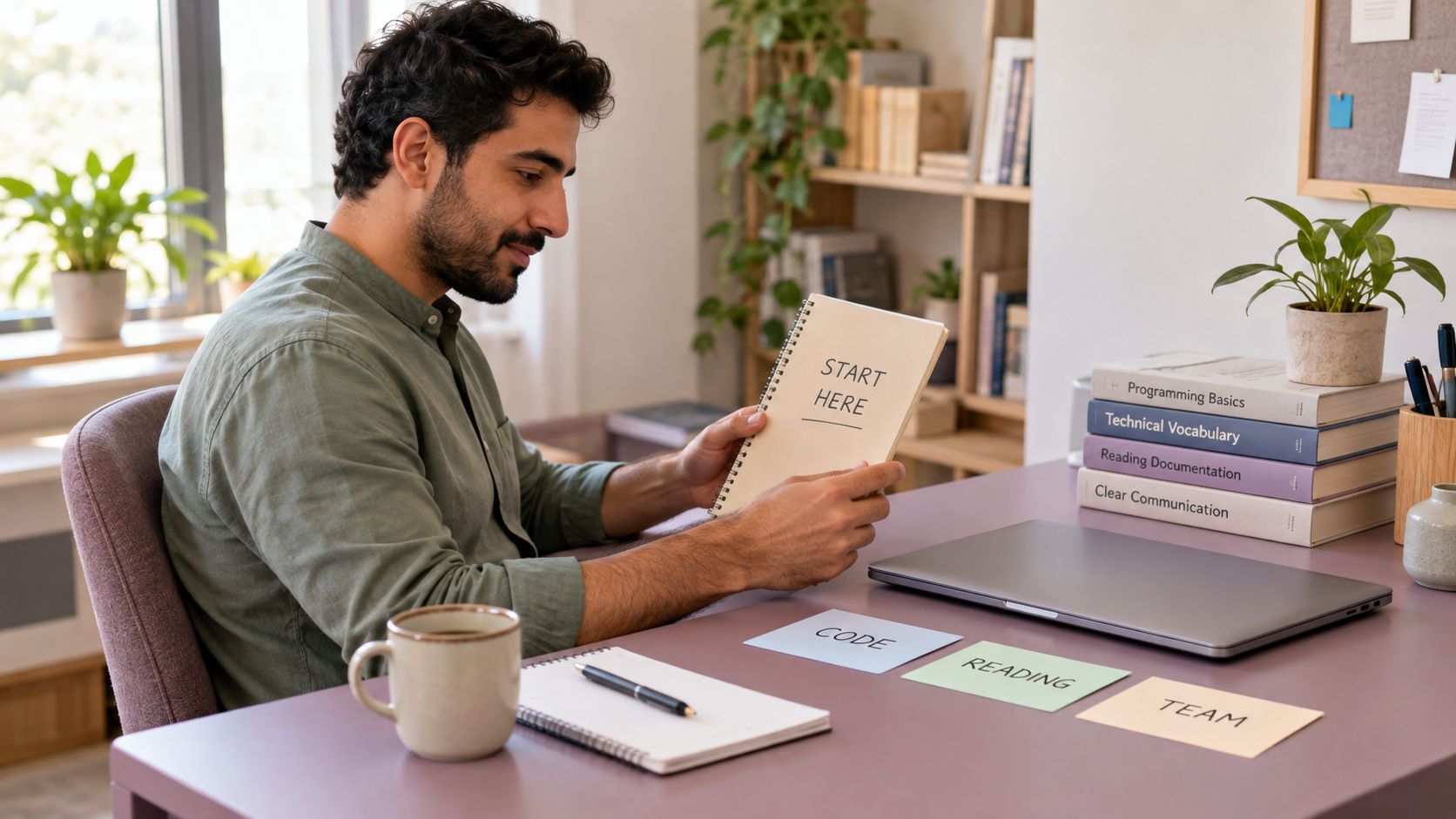 Learner holding a starting notebook beside code, reading and team cards