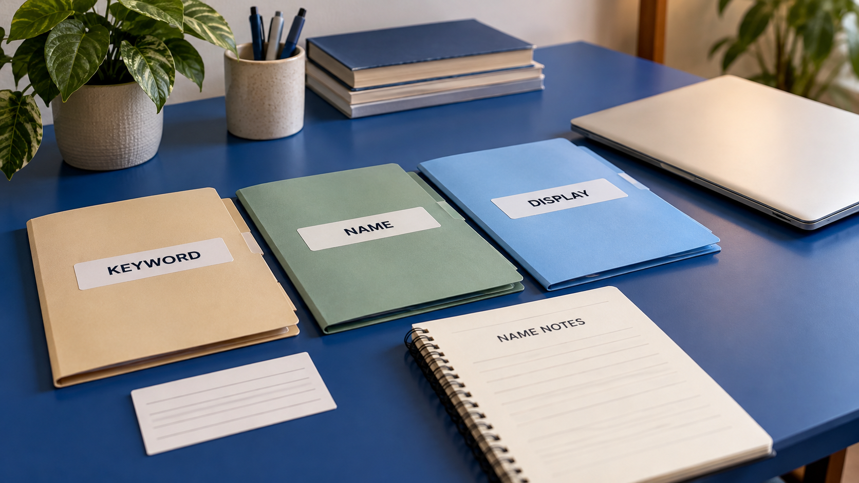 Keyword, name and display folders with a blank card and notes