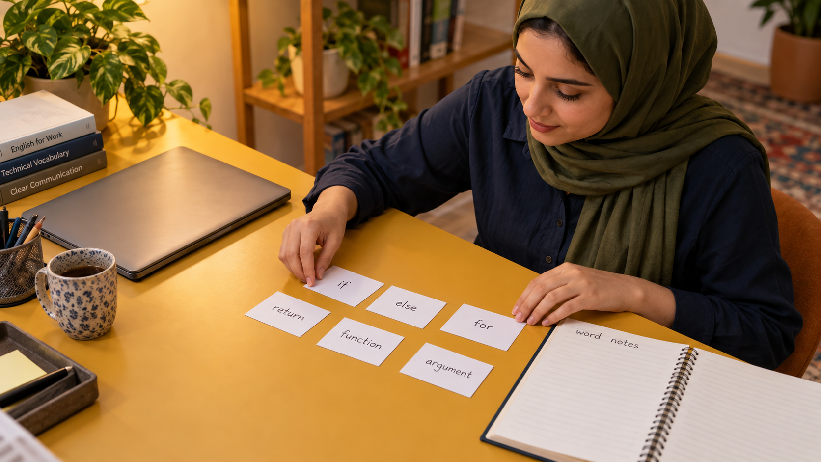 Learner arranging programming term cards beside an empty vocabulary notebook