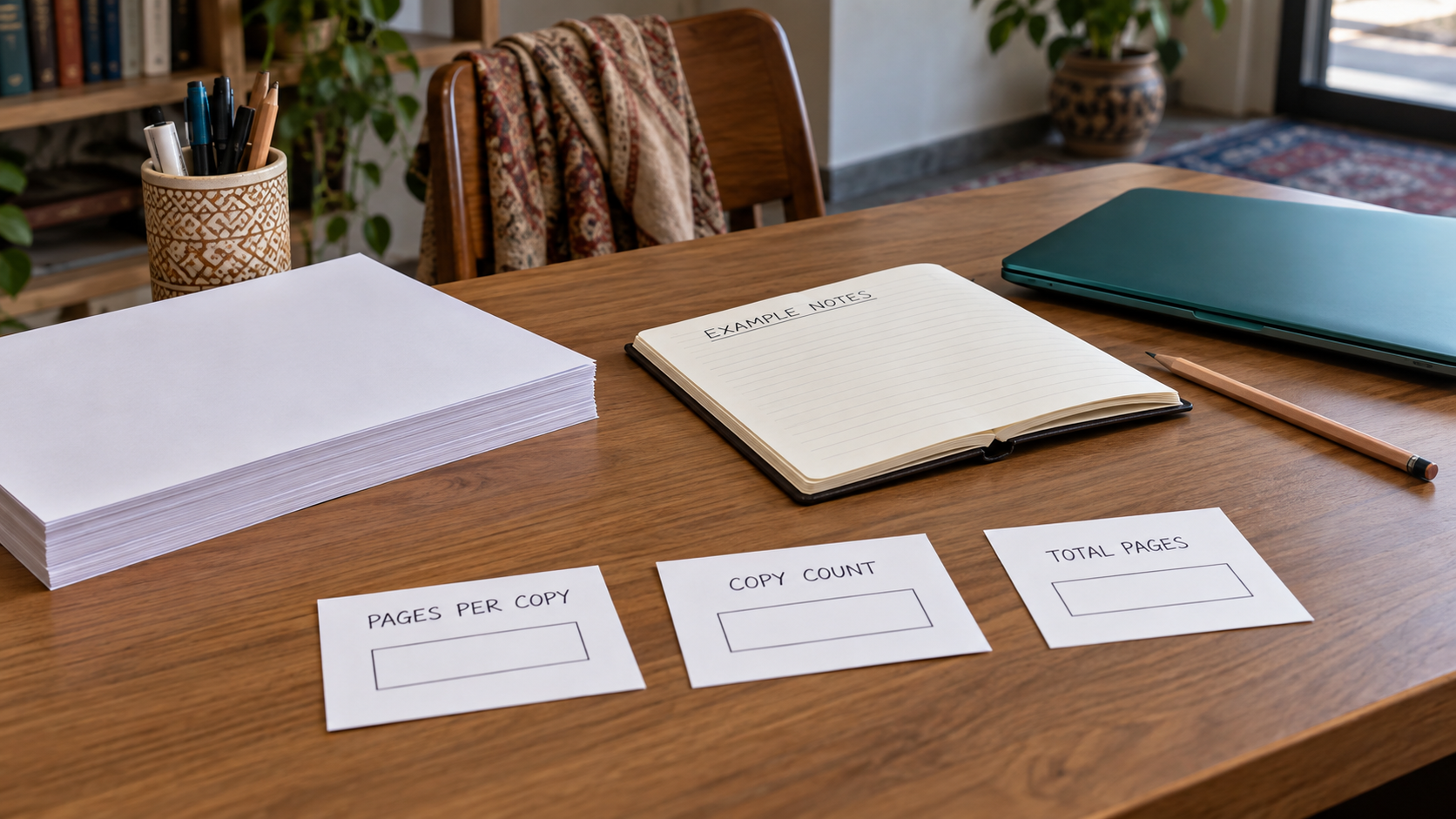 Blank pages-per-copy, copy-count and total-pages cards beside paper