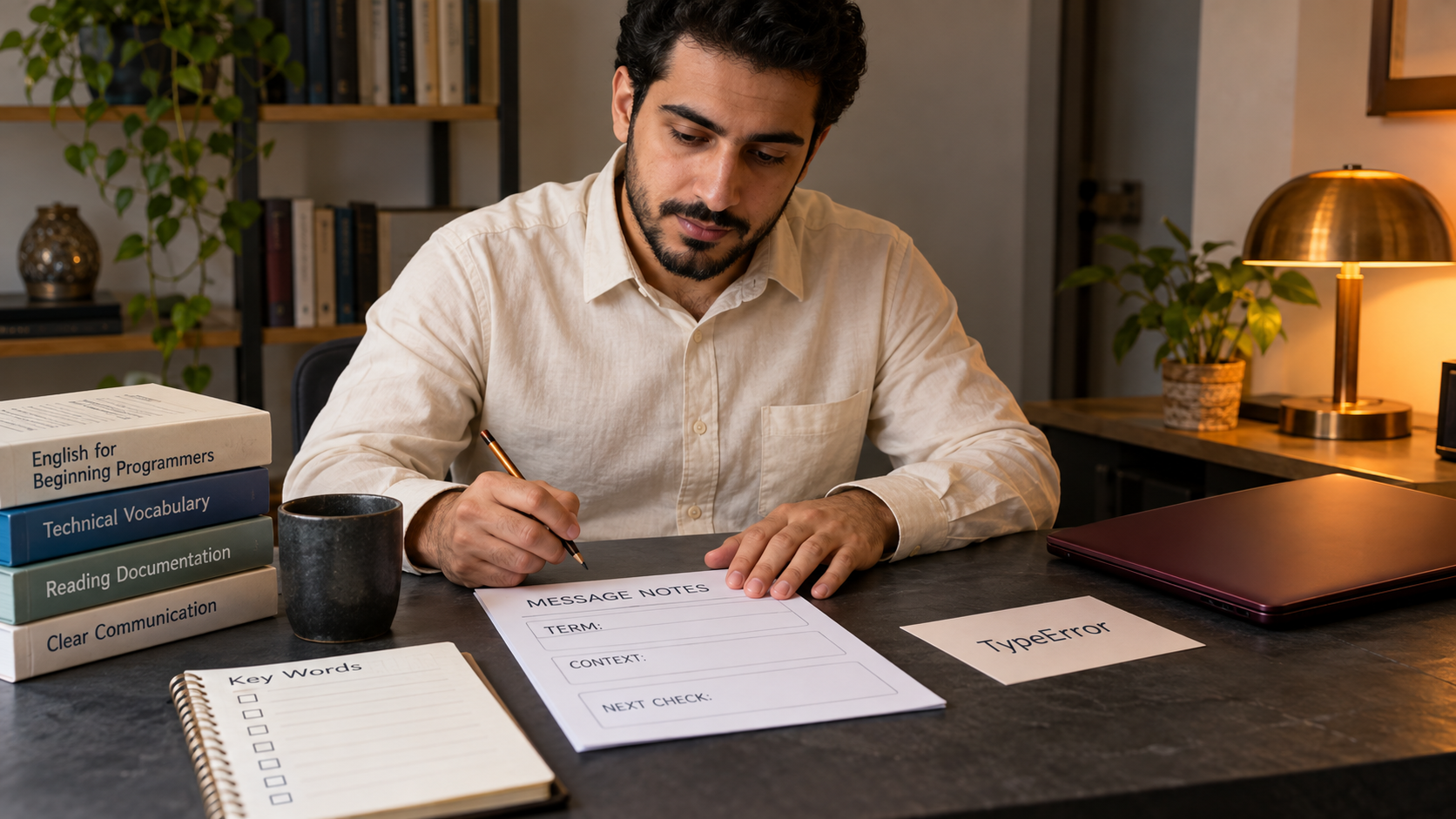Learner beside a blank message sheet separating term, context and next check