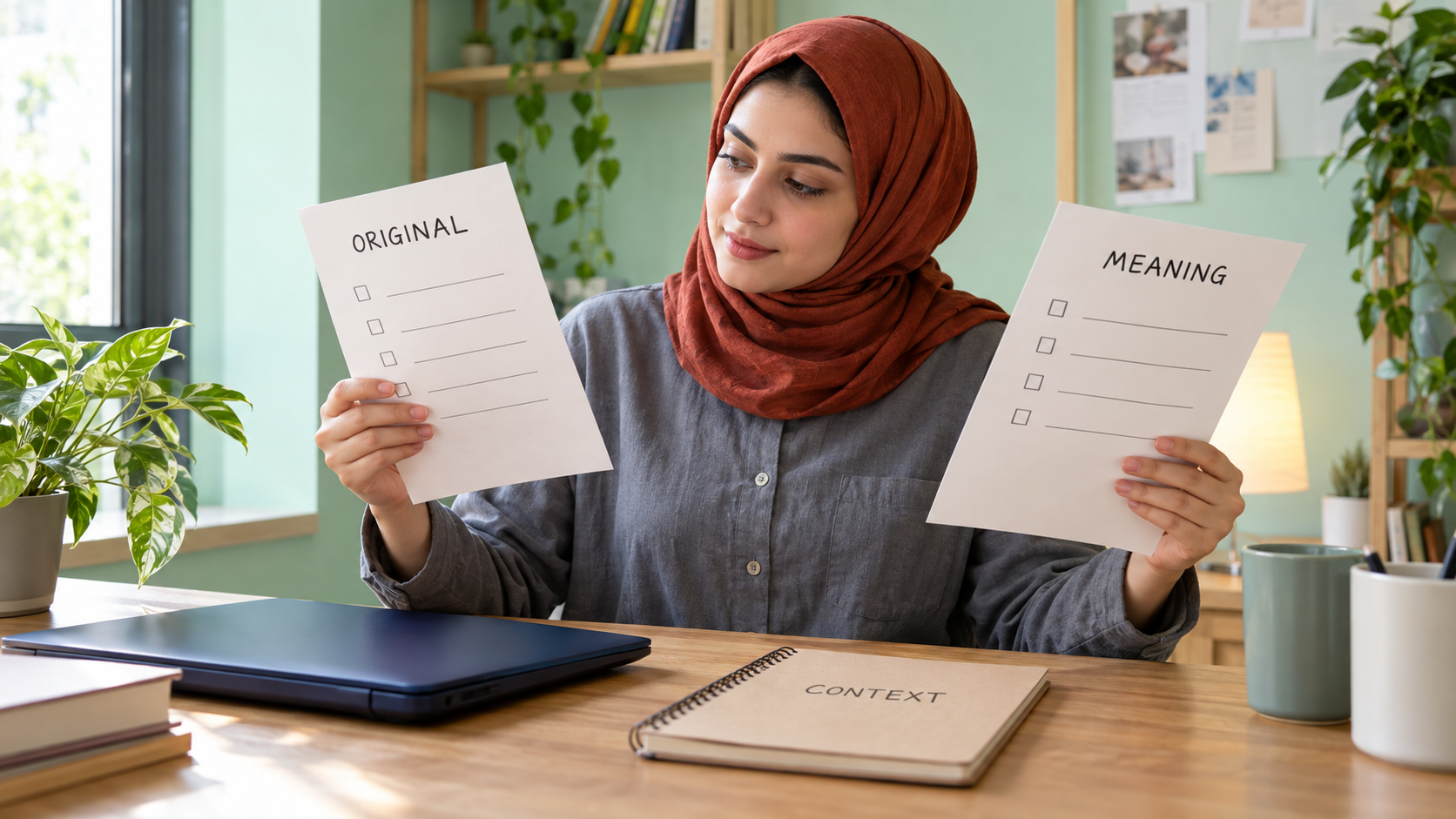 Learner comparing blank original and meaning sheets beside a context notebook
