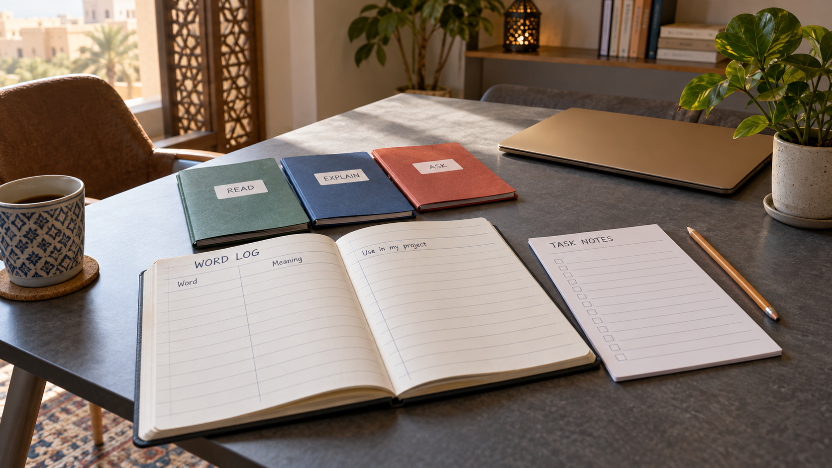 Empty word log with read, explain and ask notebooks beside a closed laptop