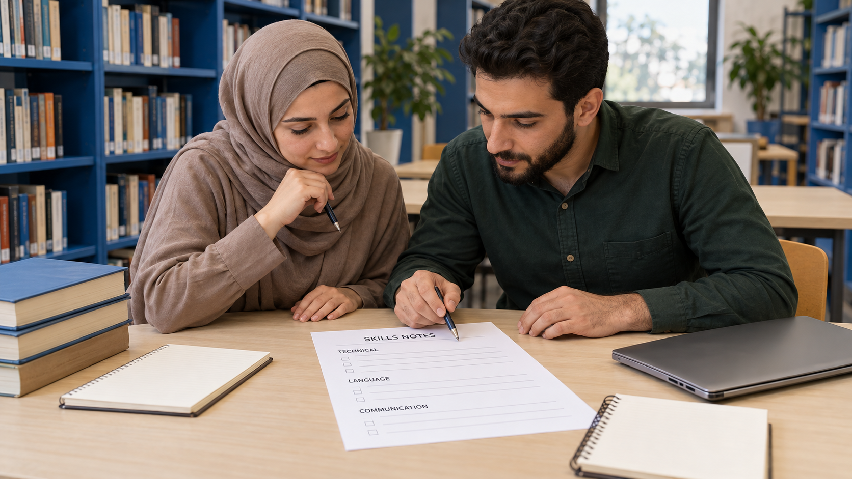Two fictional learners reviewing a blank technical, language and communication skills sheet