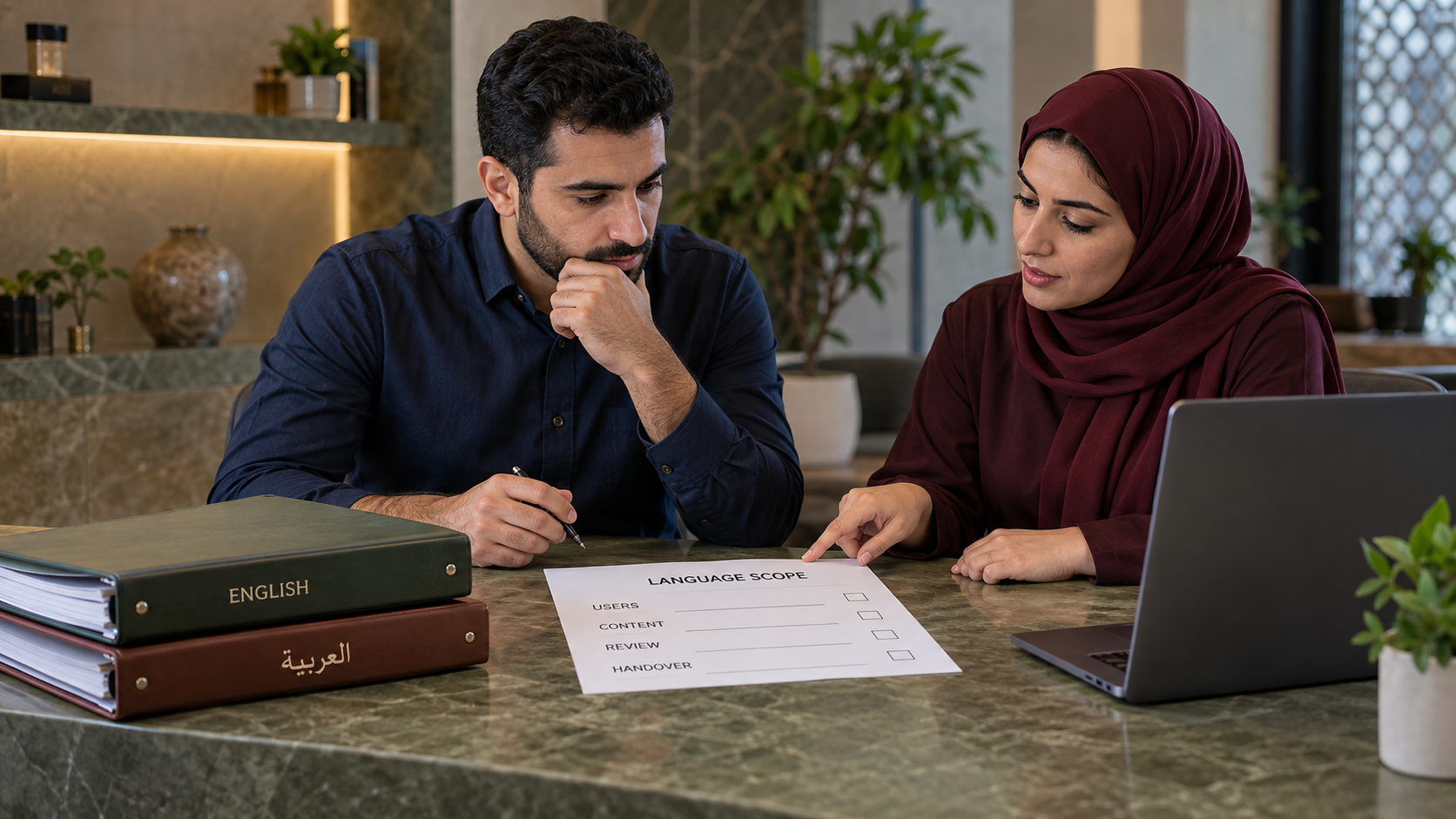 Two fictional people reviewing language scope with Arabic and English binders
