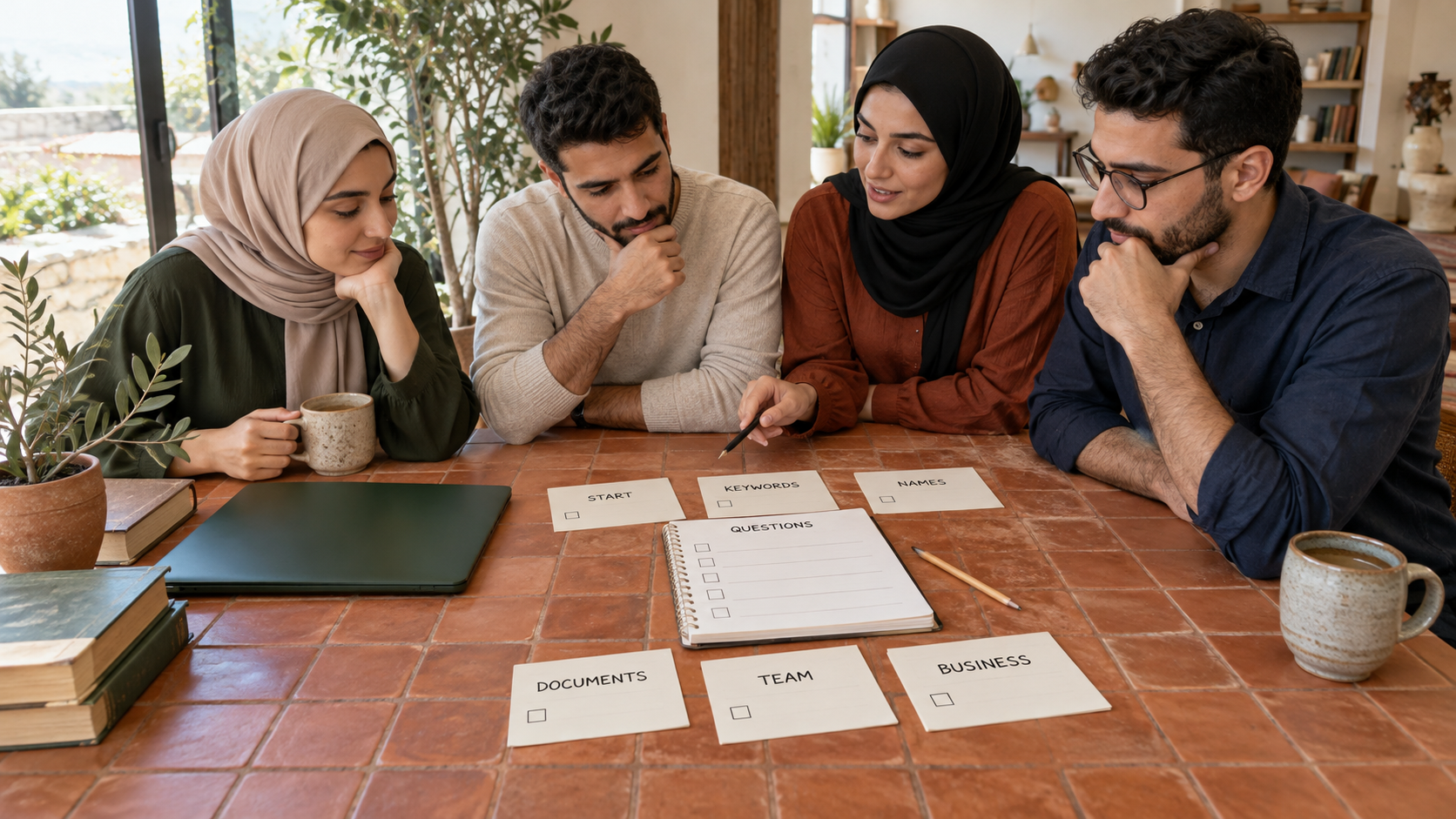 Fictional group discussing start, keywords, names, documents, team and business cards