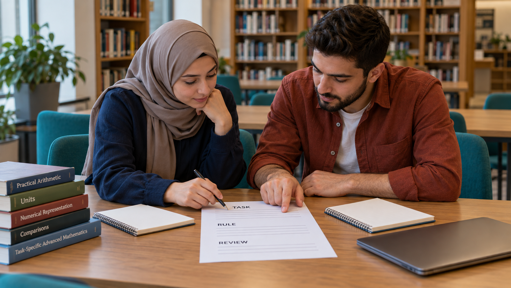 شخصان في مشهد مكتبة توضيحي يراجعان ورقة مهمة وقاعدة ومراجعة فارغة