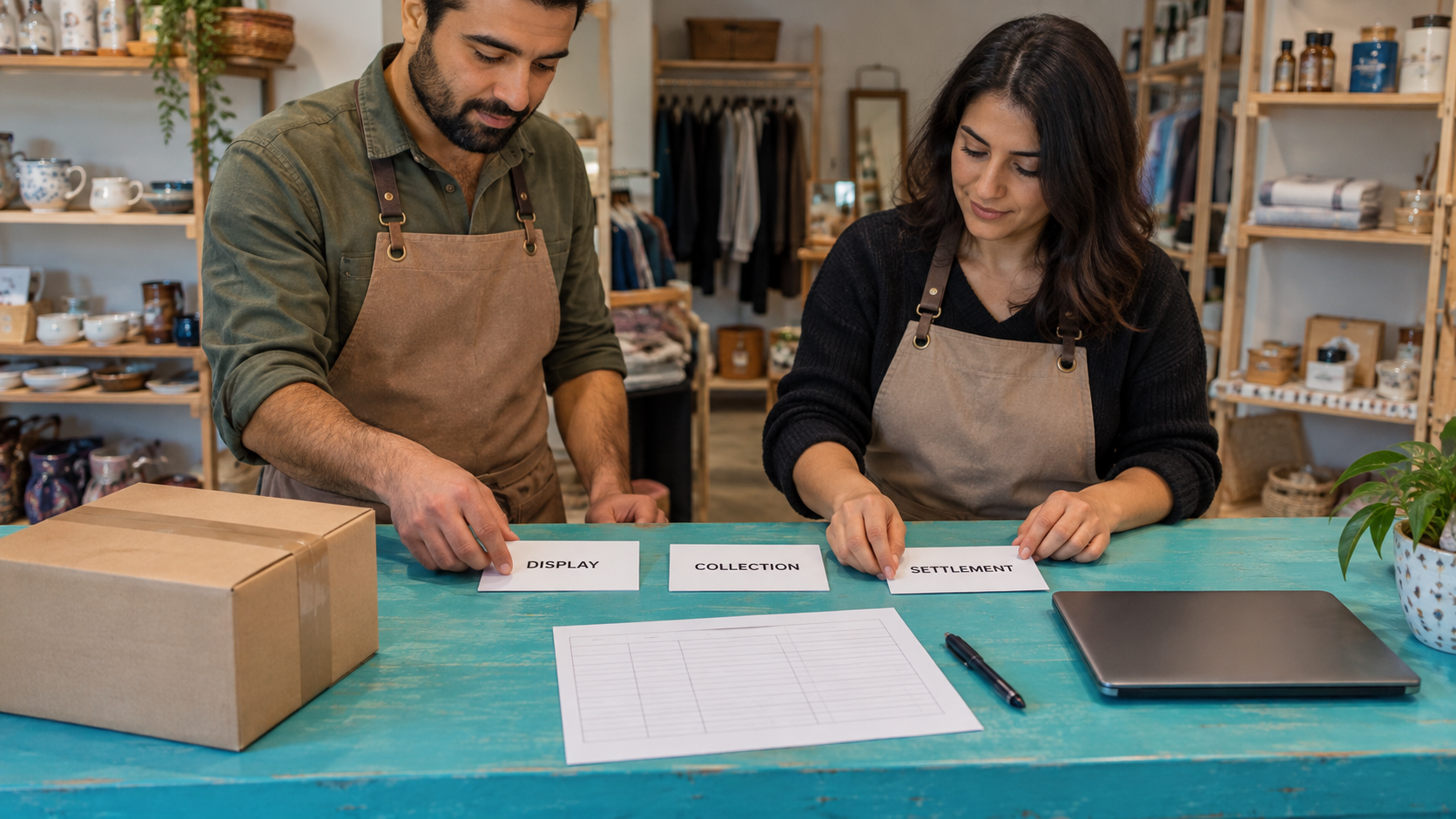 Store staff reviewing separate display, collection and settlement cards