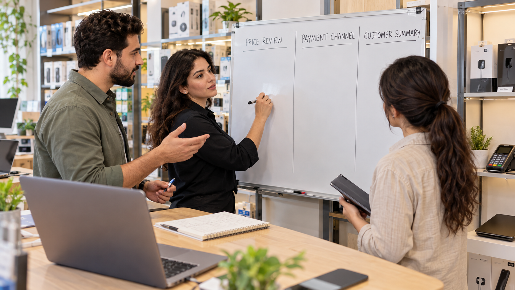 Electronics-store staff preparing price review, payment-channel and customer-summary requirements