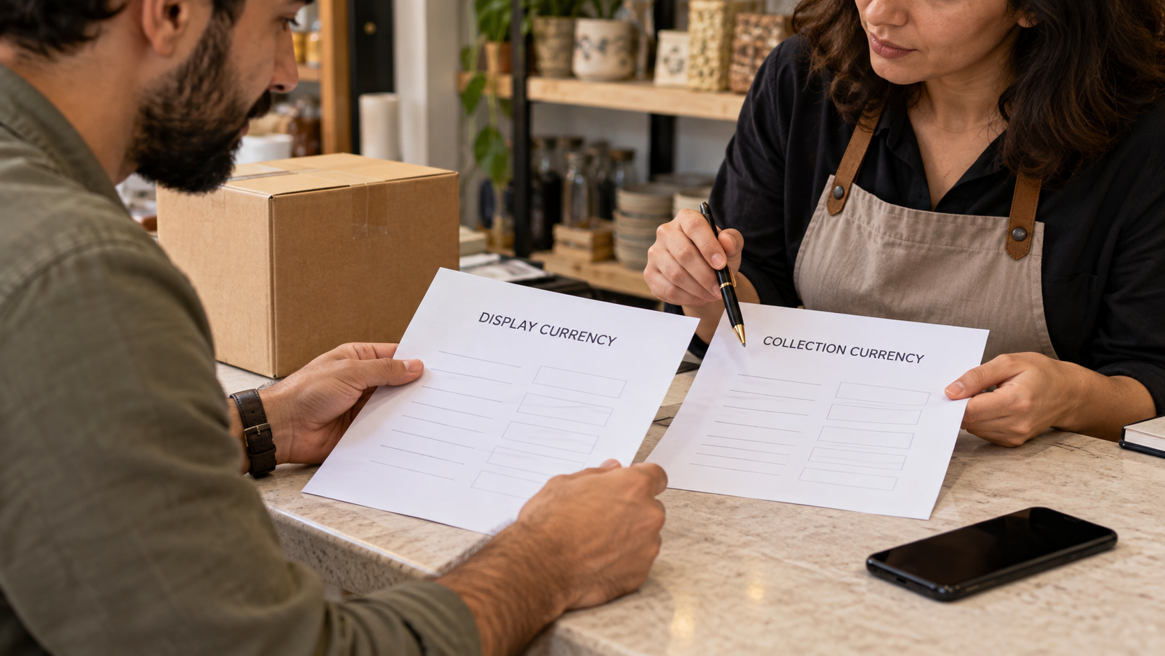 Customer and merchant comparing blank display-currency and collection-currency documents