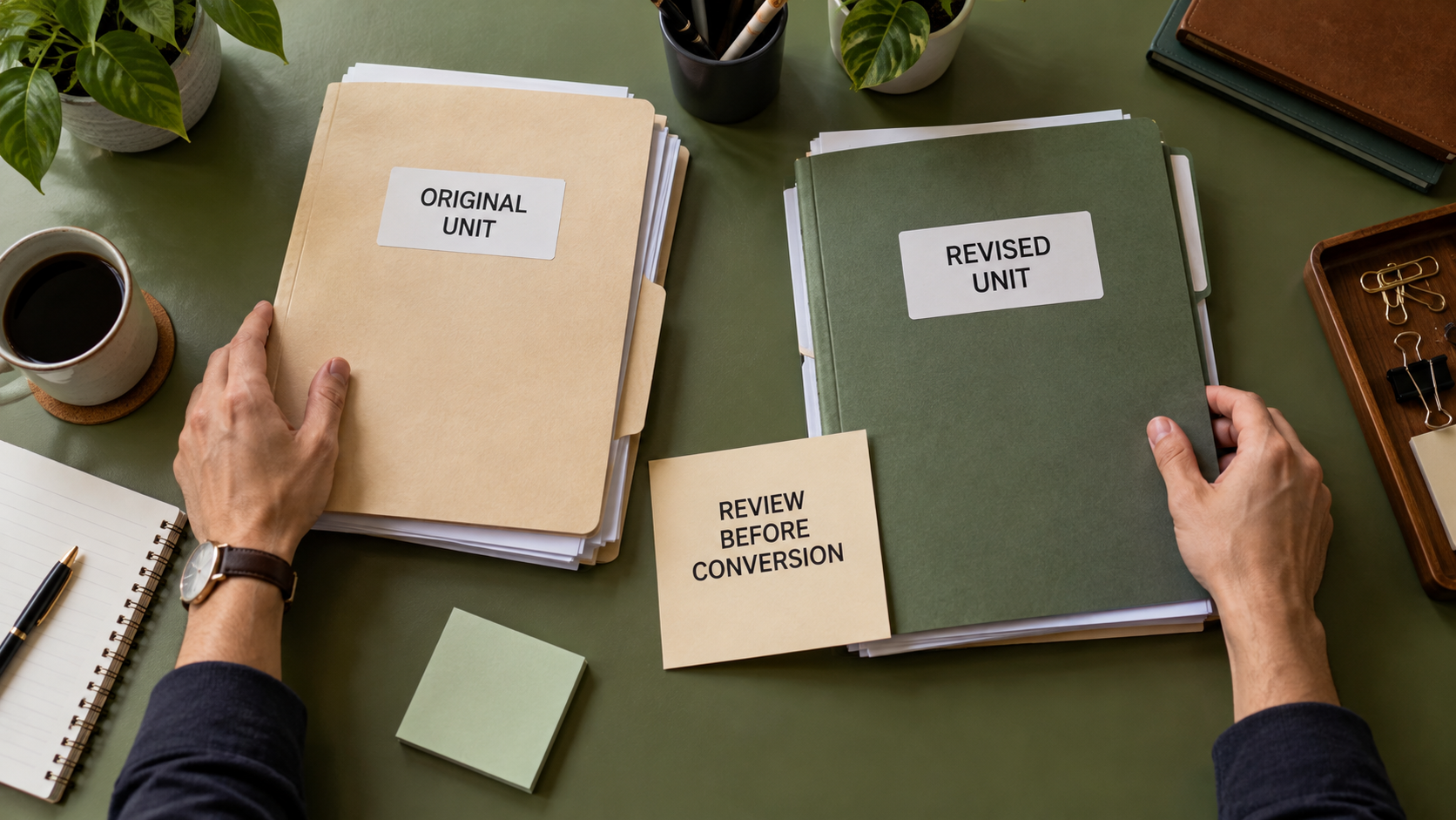 Organising original-unit and revised-unit archives before conversion review