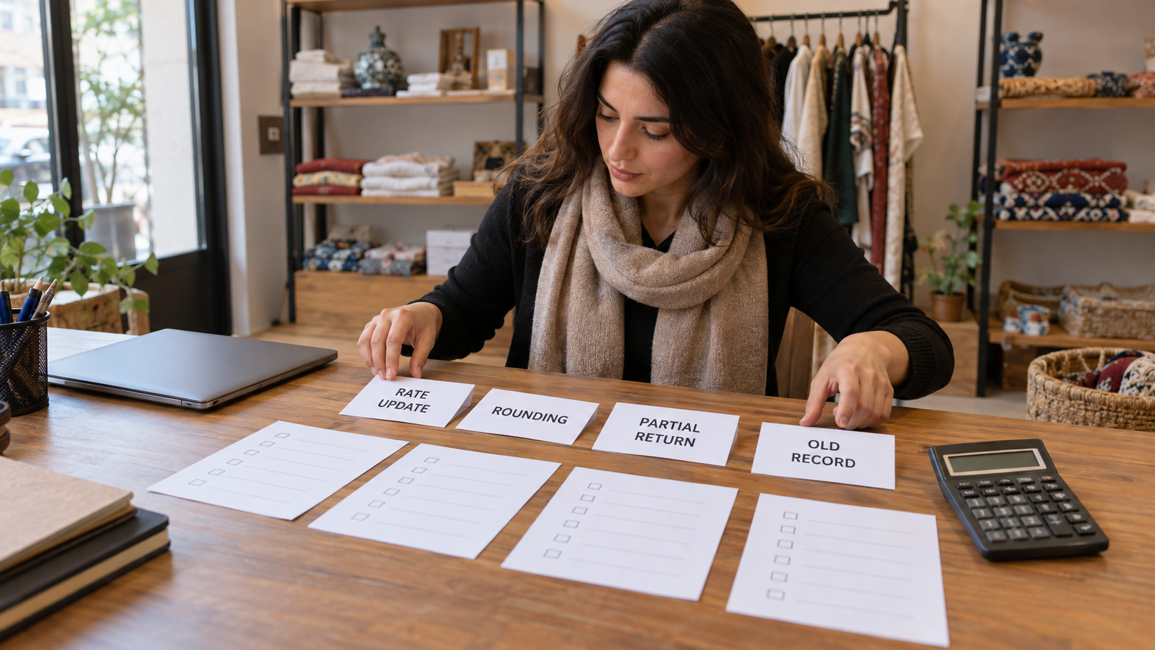 Reviewing unchecked rate-update, rounding, partial-return and old-record test cards