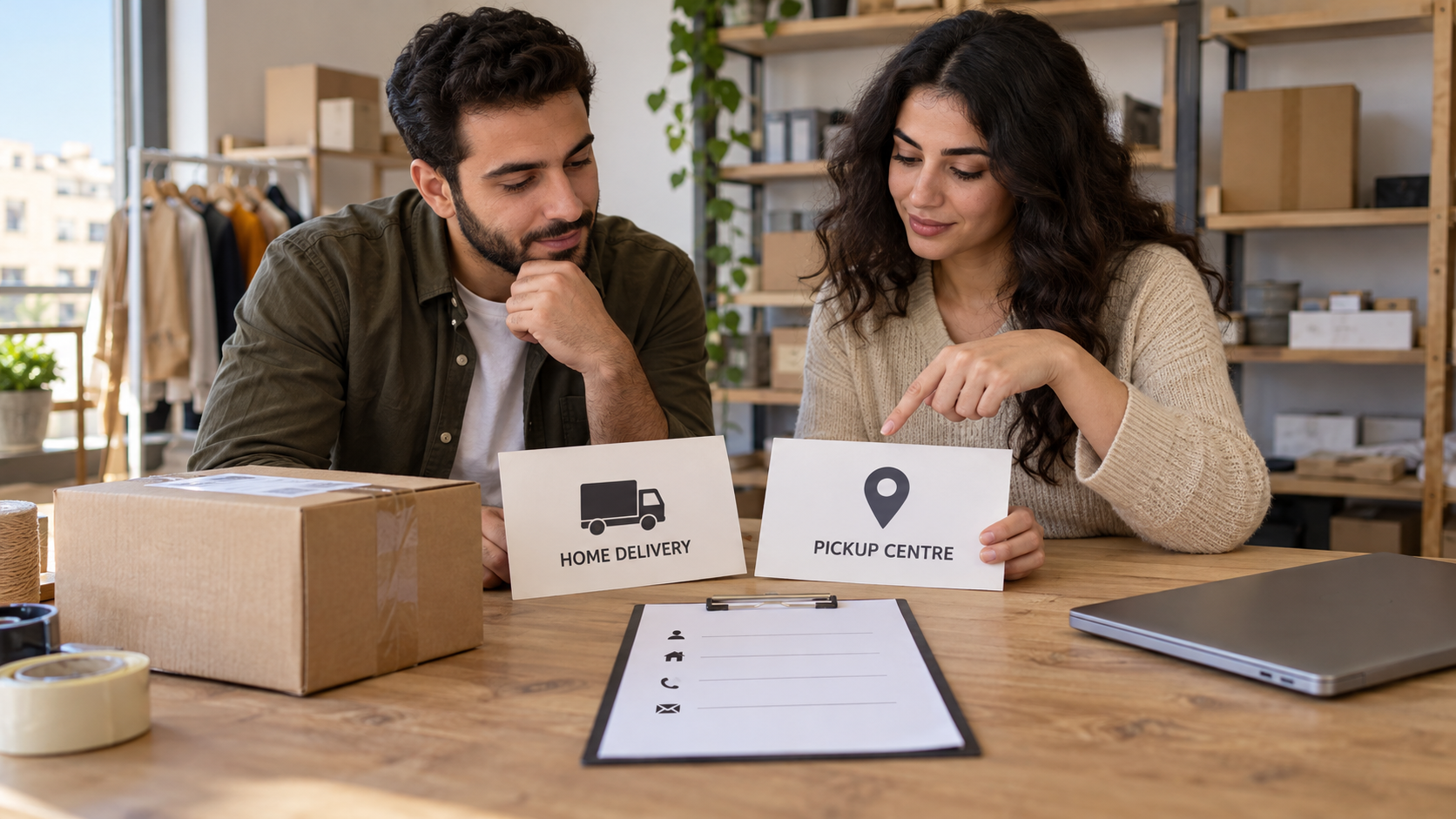 Store staff reviewing home delivery and collection-centre options