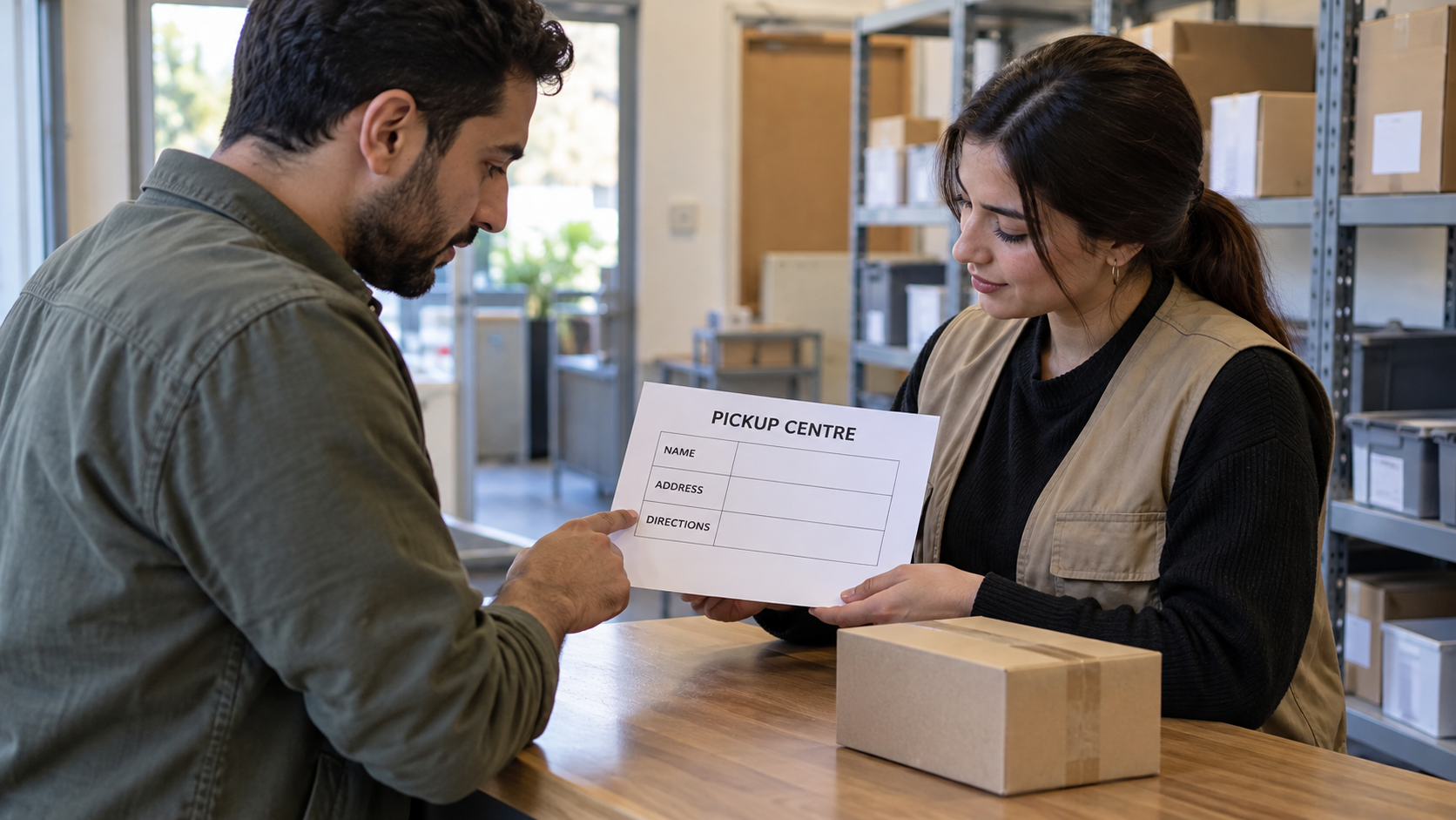 Recipient and counter worker reviewing illustrative collection-centre details
