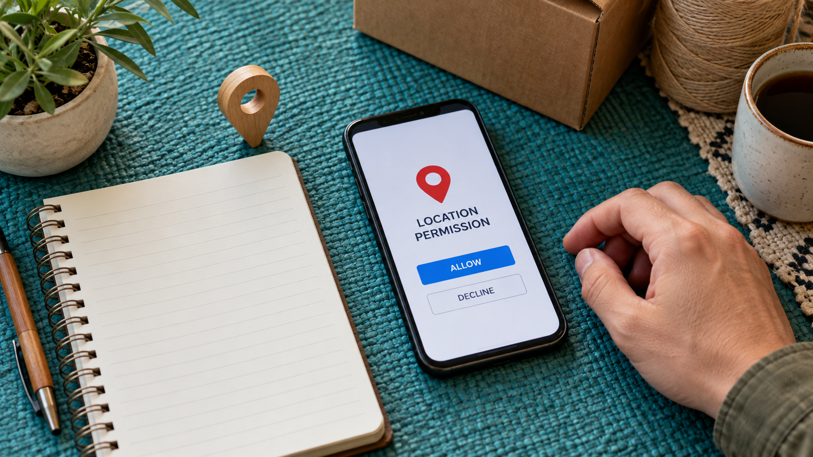 Illustrative phone requesting location permission beside a written address notebook