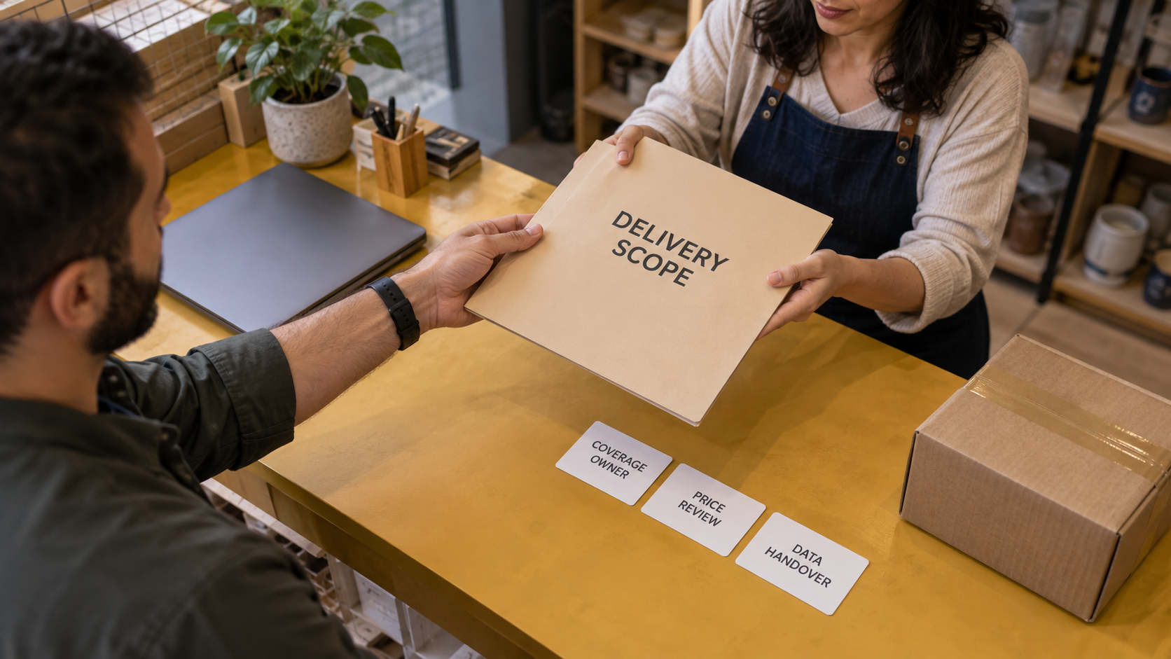 Illustrative delivery-scope handover with coverage, pricing and data responsibilities