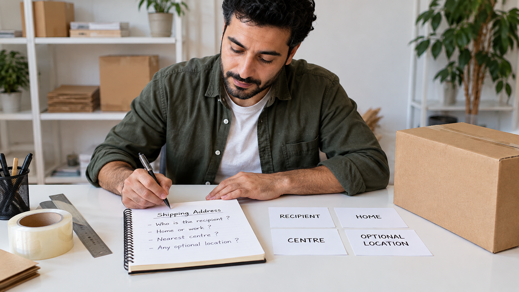 Merchant preparing questions about recipients, home delivery, centres and optional location