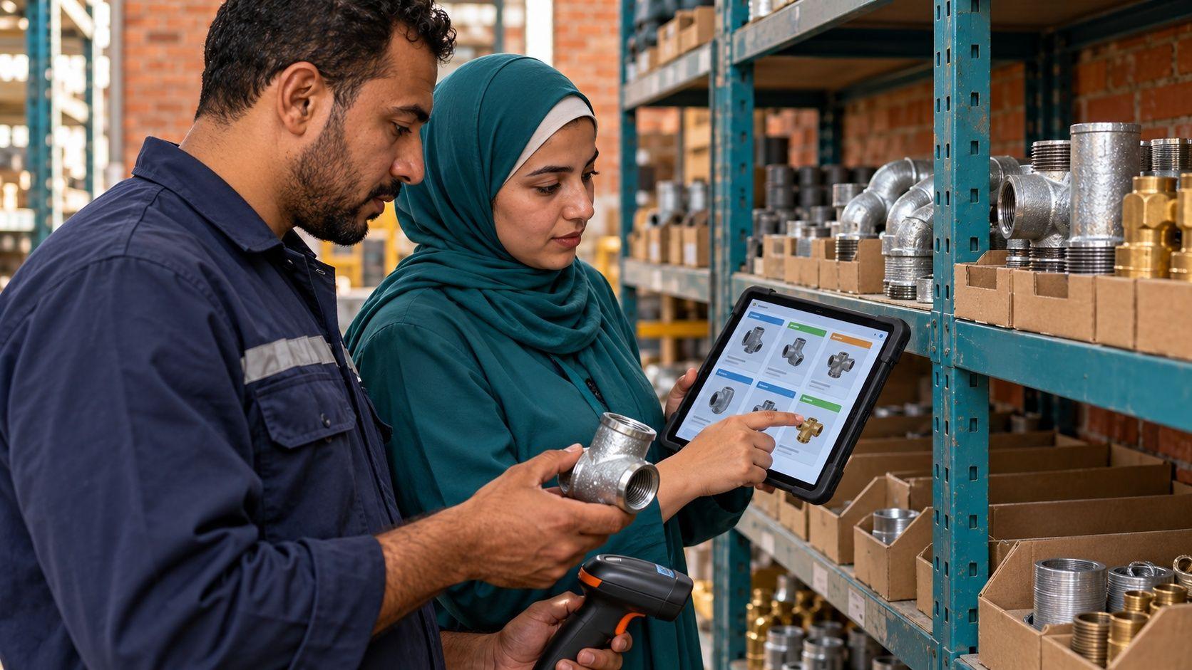Generated Egyptian warehouse supervisor and accountant matching a physical item to catalogue data in Alexandria