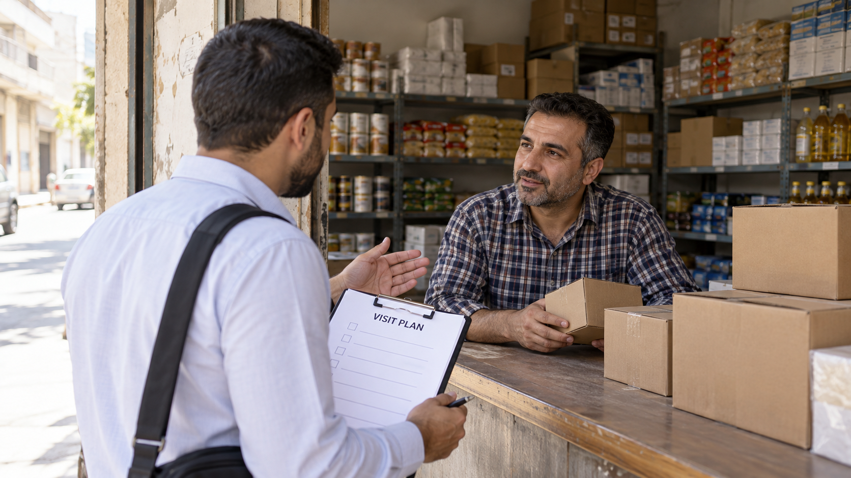 A representative discusses a product order with a storekeeper