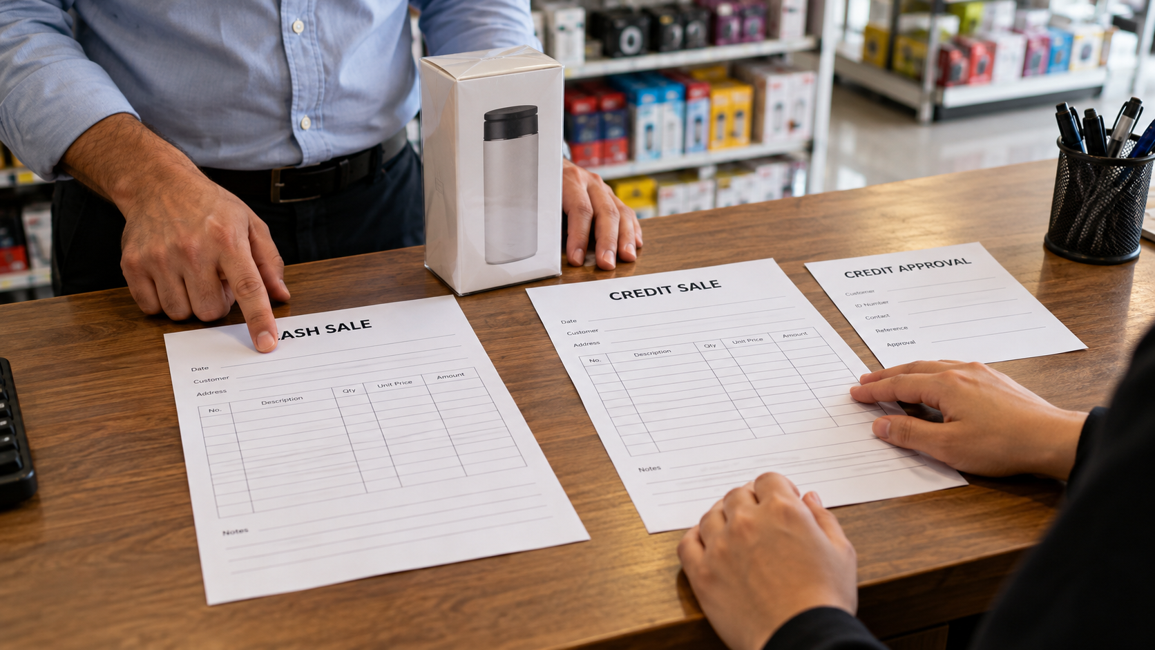 Separate cash-sale and credit-sale forms with an approval slip