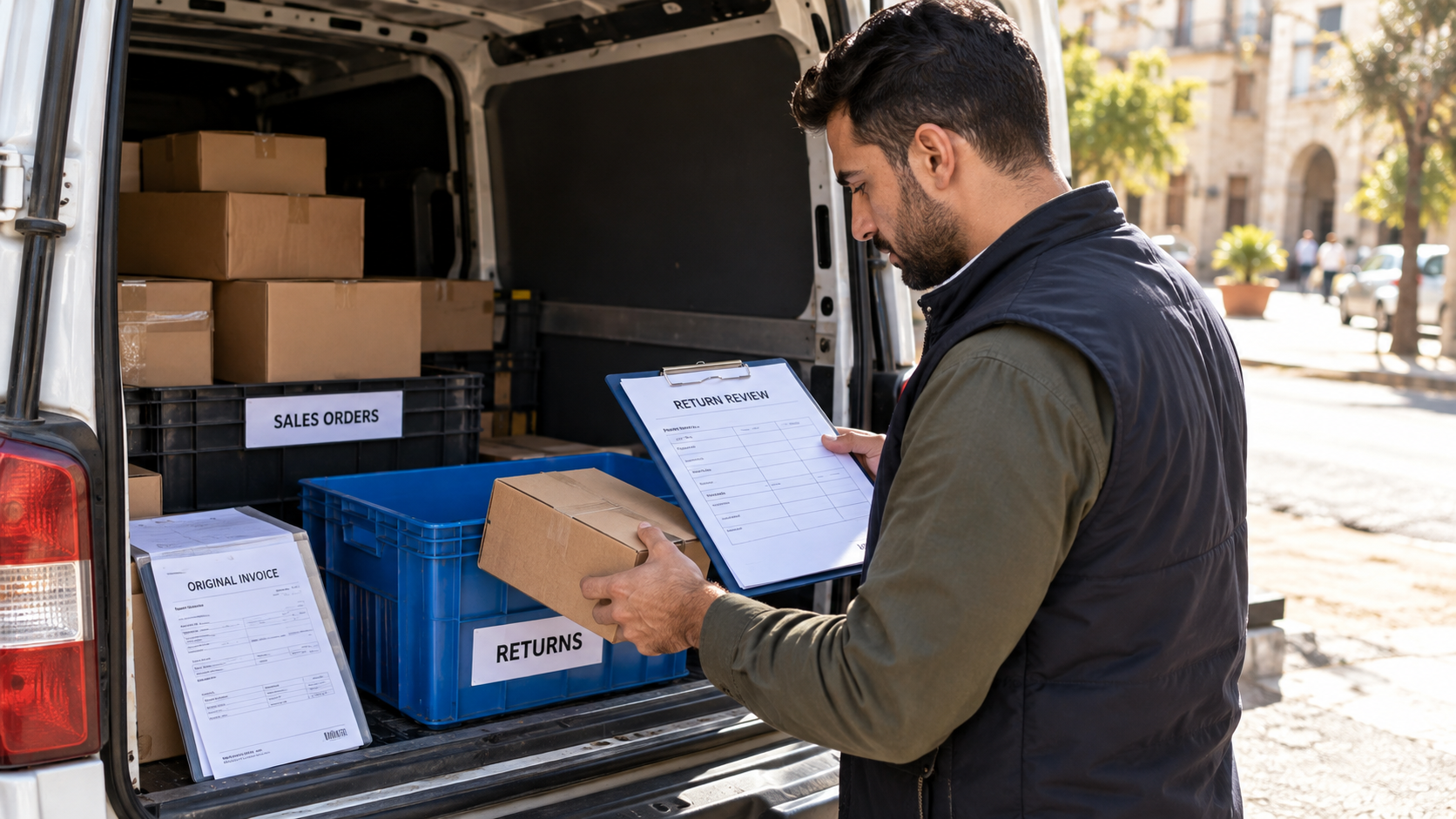 Inspecting a returned carton against an original invoice reference