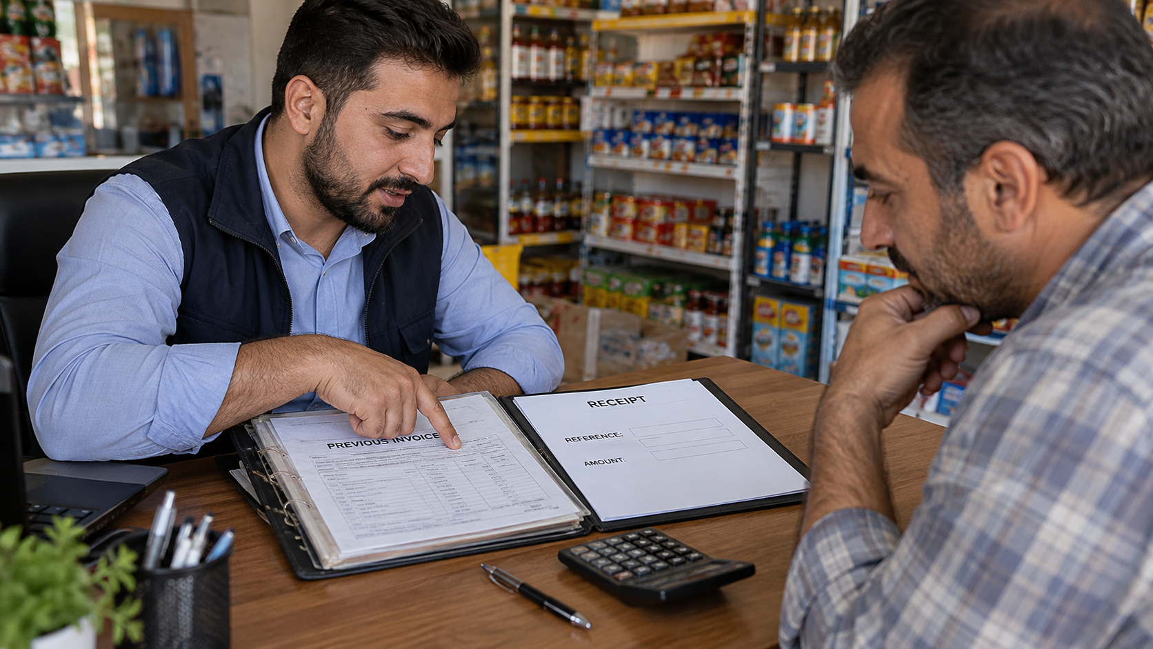 Reviewing a receipt beside a previous-invoice folder