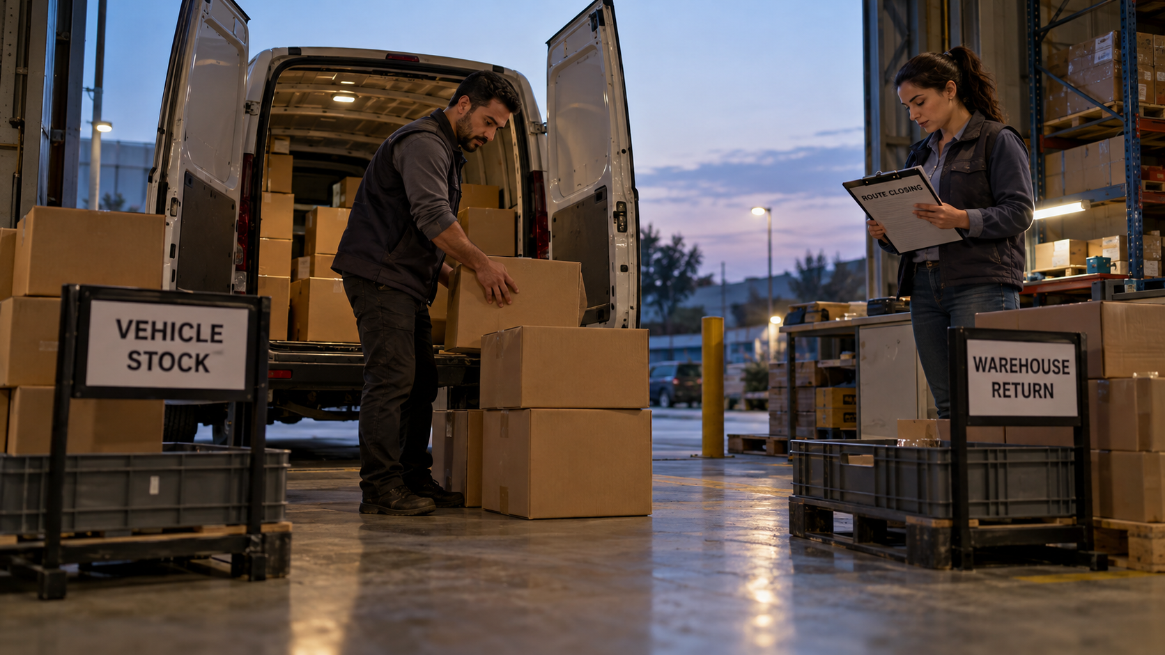 Counting cartons and checking warehouse returns at route closing