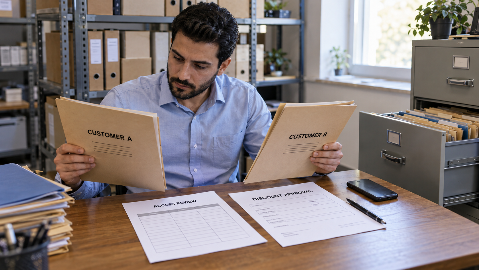 Reviewing separate customer folders and discount authorization
