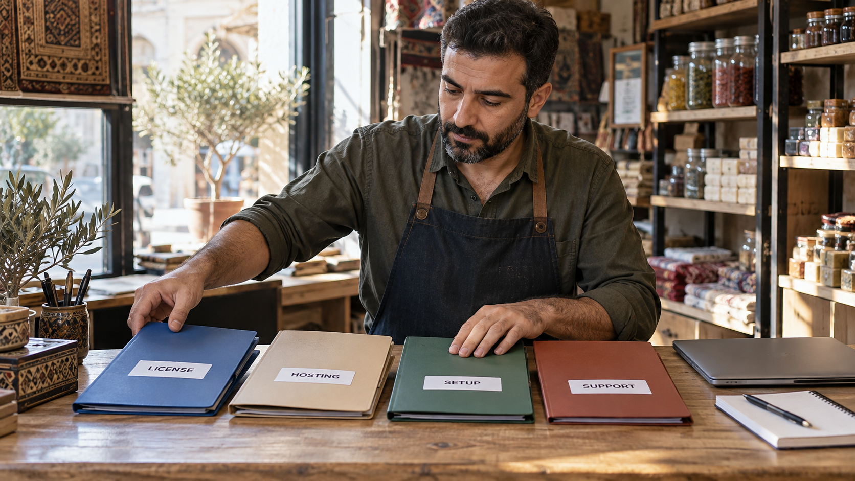 Shop owner arranging folders for licensing, hosting, setup and support