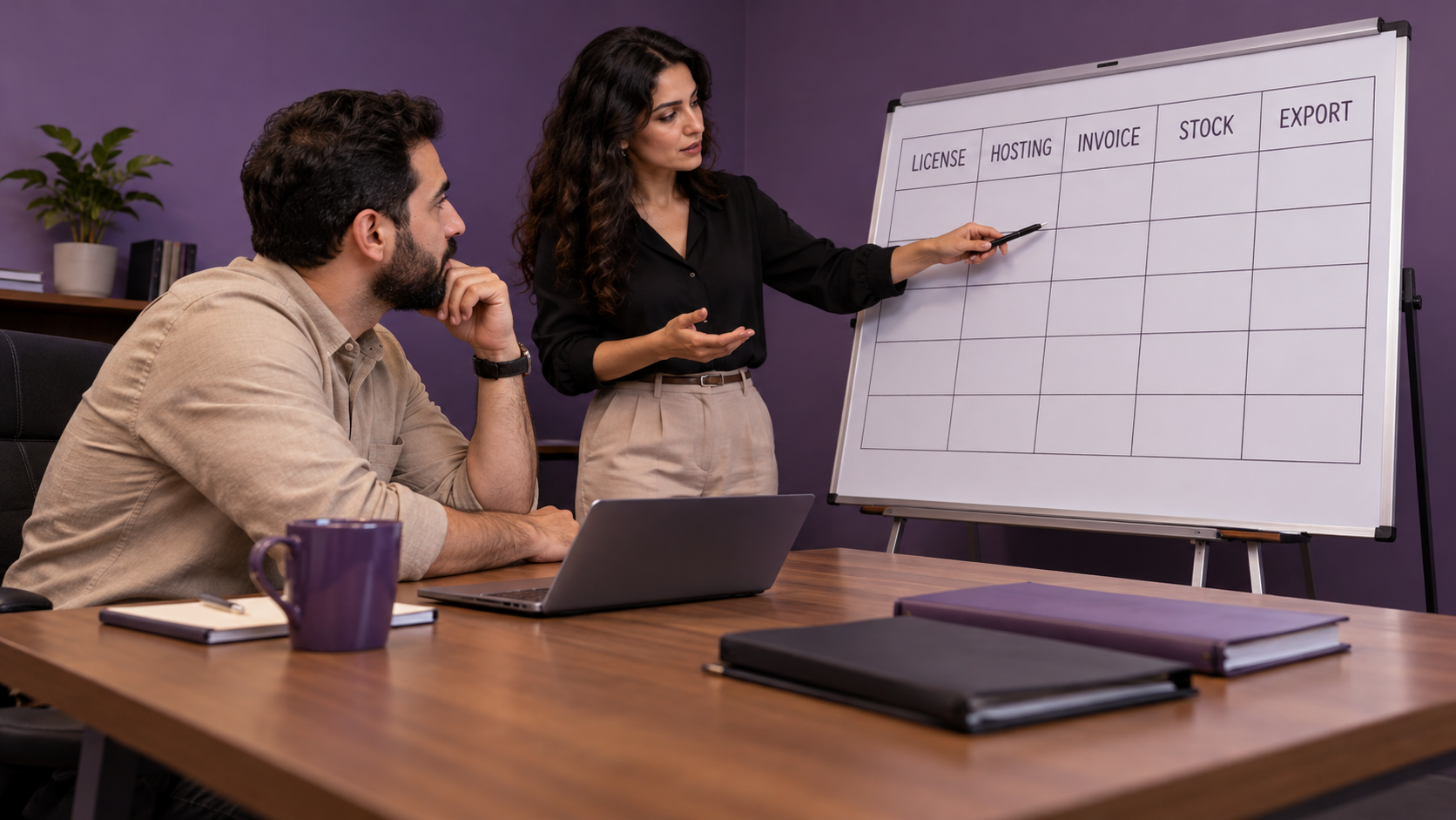 Two analysts discussing an unscored software comparison grid