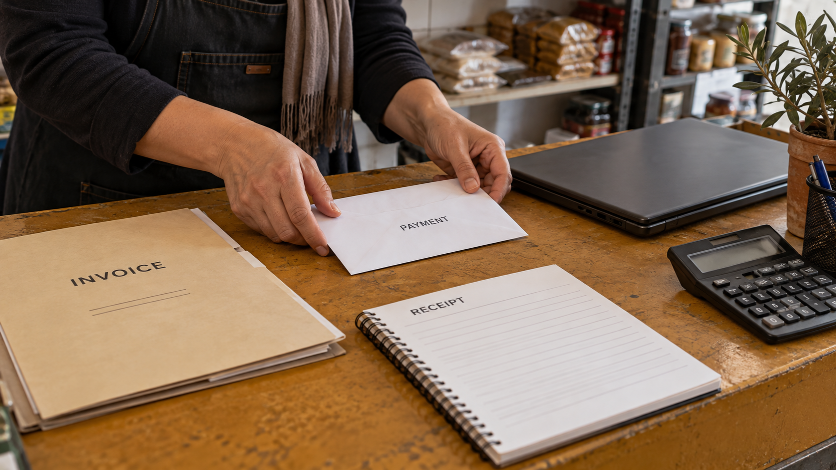 Preparing payment, invoice and receipt references at a shop counter