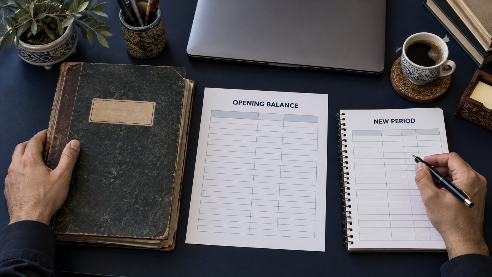 Reviewing an old ledger beside a blank opening balance worksheet