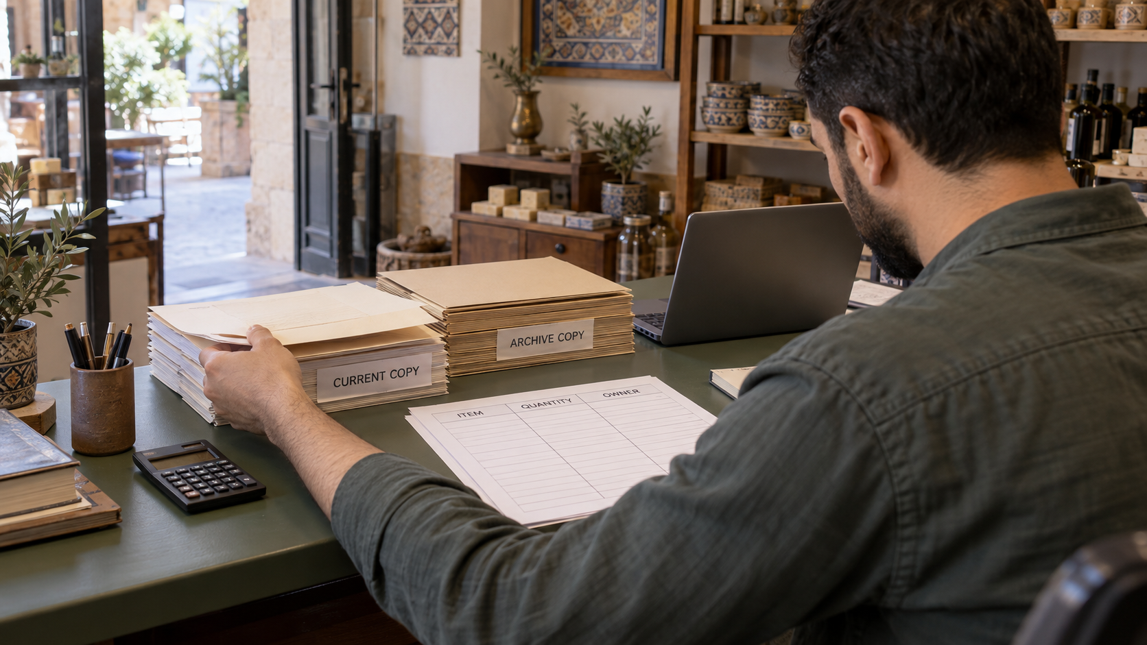 Organising current and archived copies beside a blank item grid