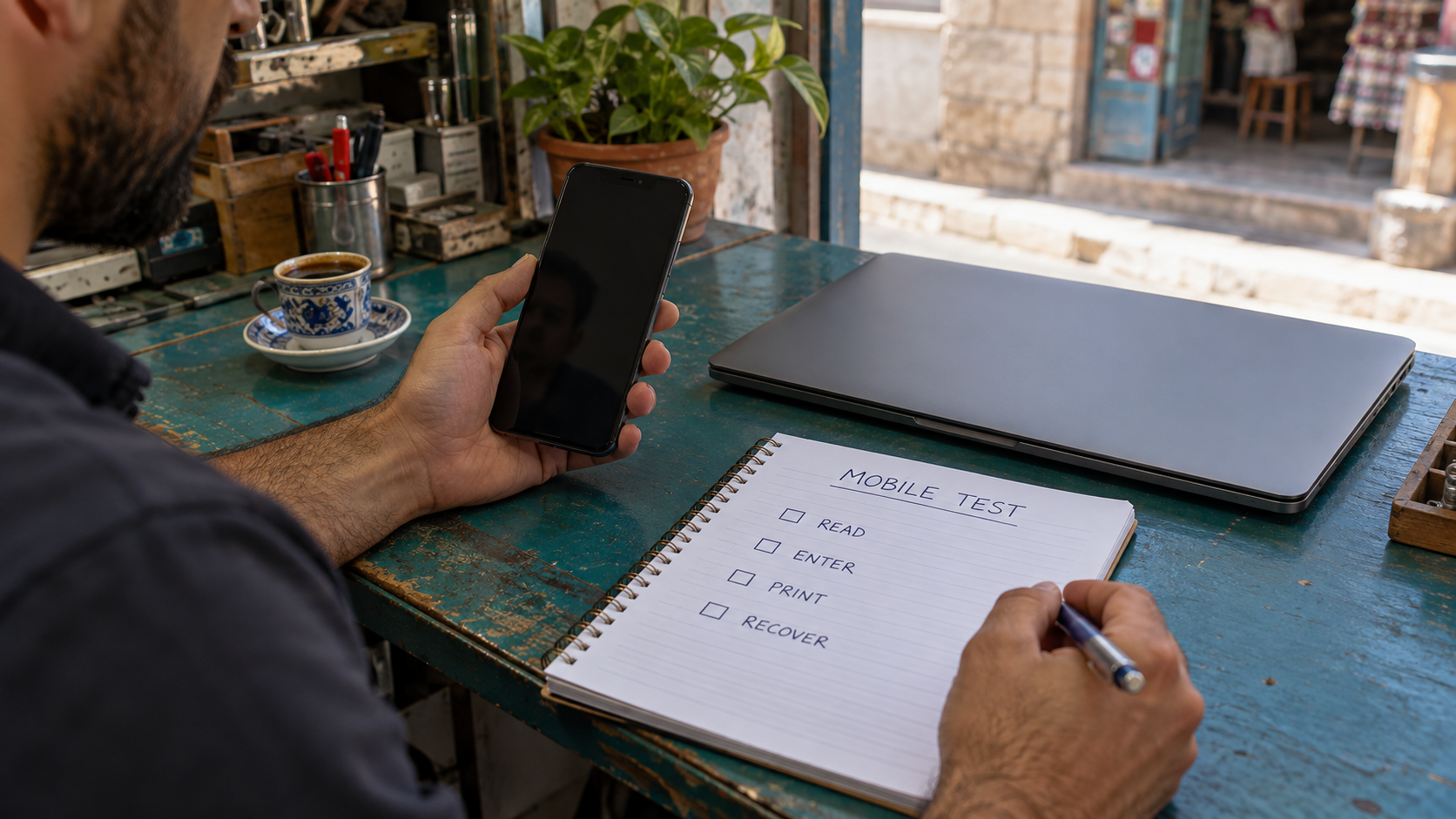 Dark-screen phone beside a notebook for proposed mobile workflow checks